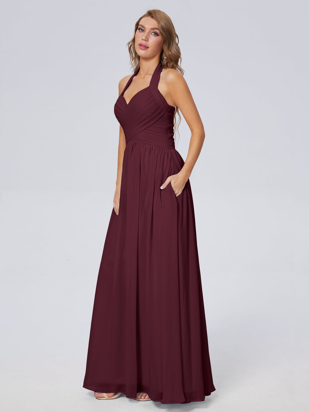 Amaya Pretty Halter Chiffon Long Bridesmaid Dresses