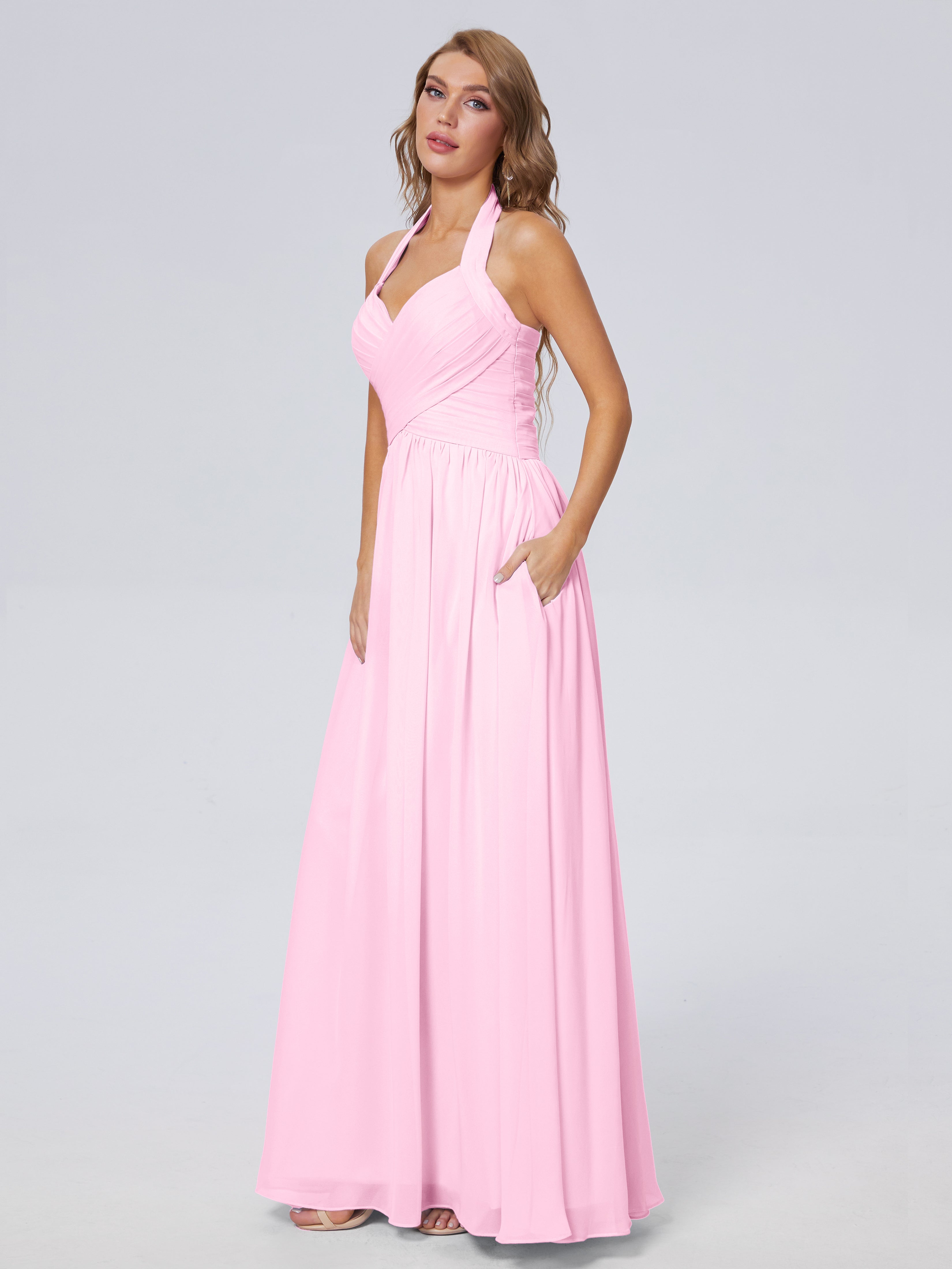 Amaya Pretty Halter Chiffon Long Bridesmaid Dresses