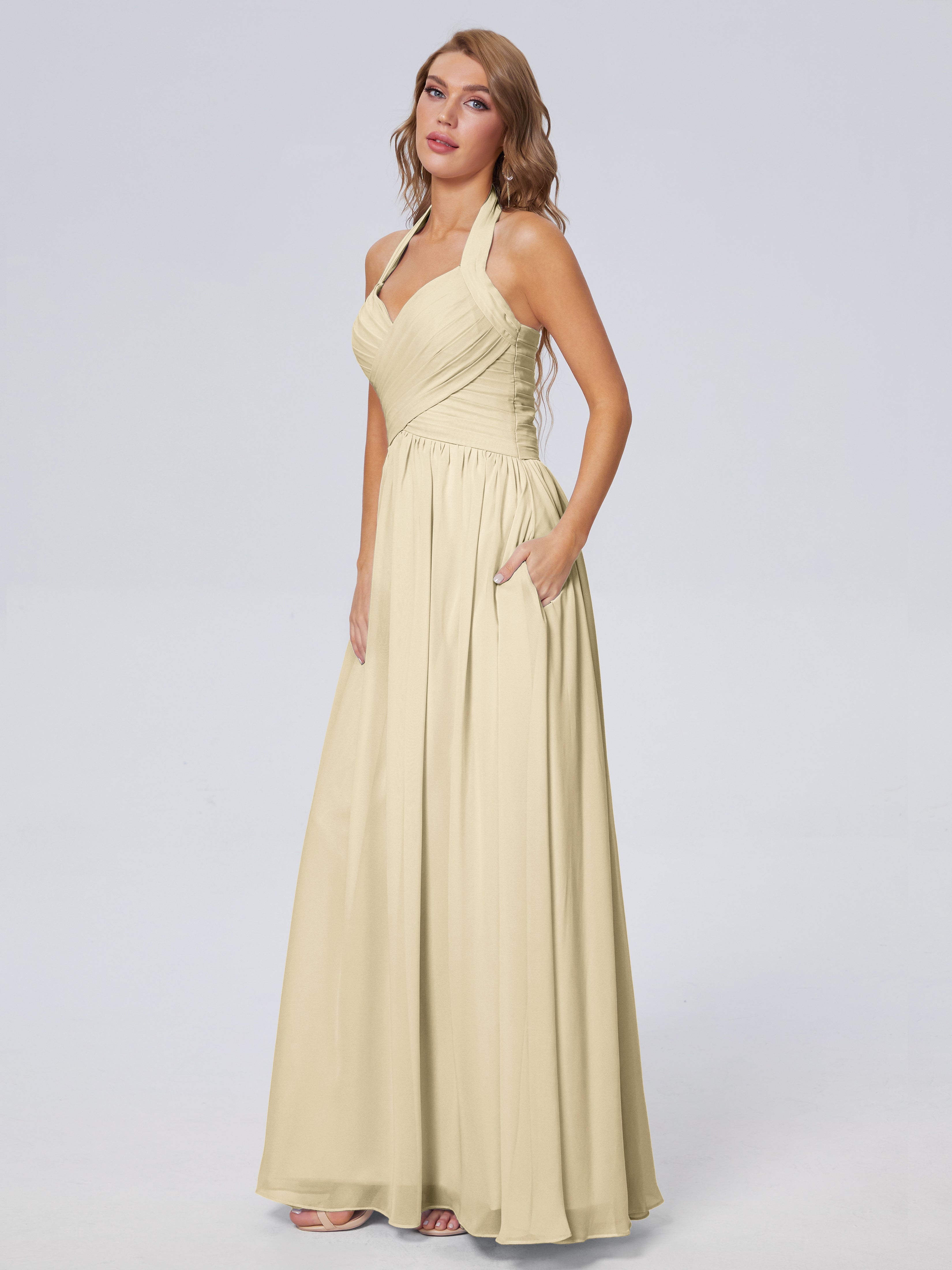 Amaya Pretty Halter Chiffon Long Bridesmaid Dresses