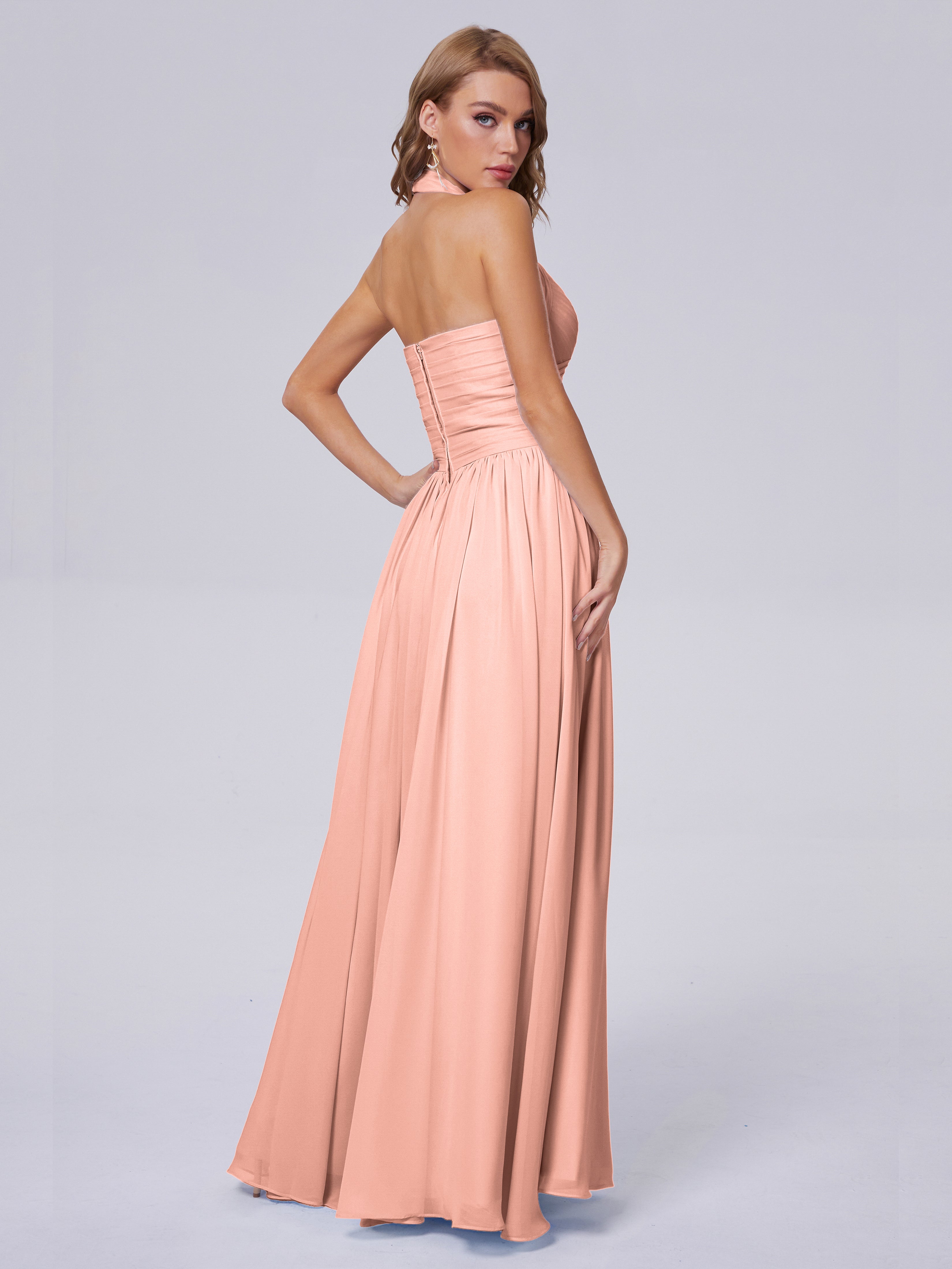 Amaya Pretty Halter Chiffon Long Bridesmaid Dresses