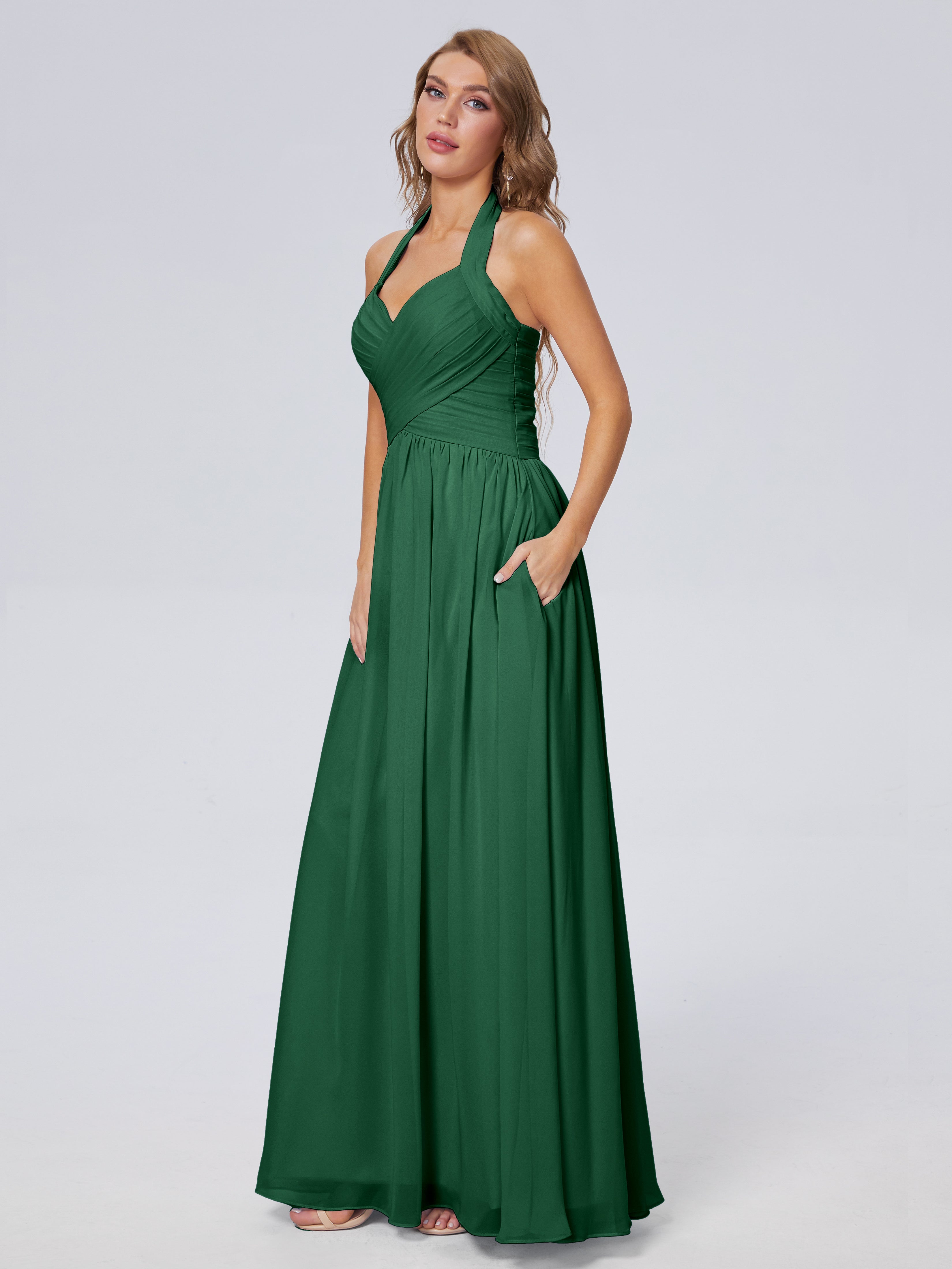 Amaya Pretty Halter Chiffon Long Bridesmaid Dresses