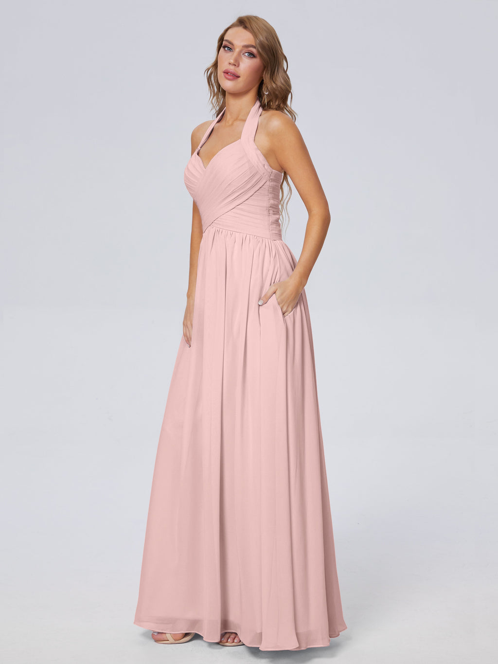 Amaya Pretty Halter Chiffon Long Bridesmaid Dresses