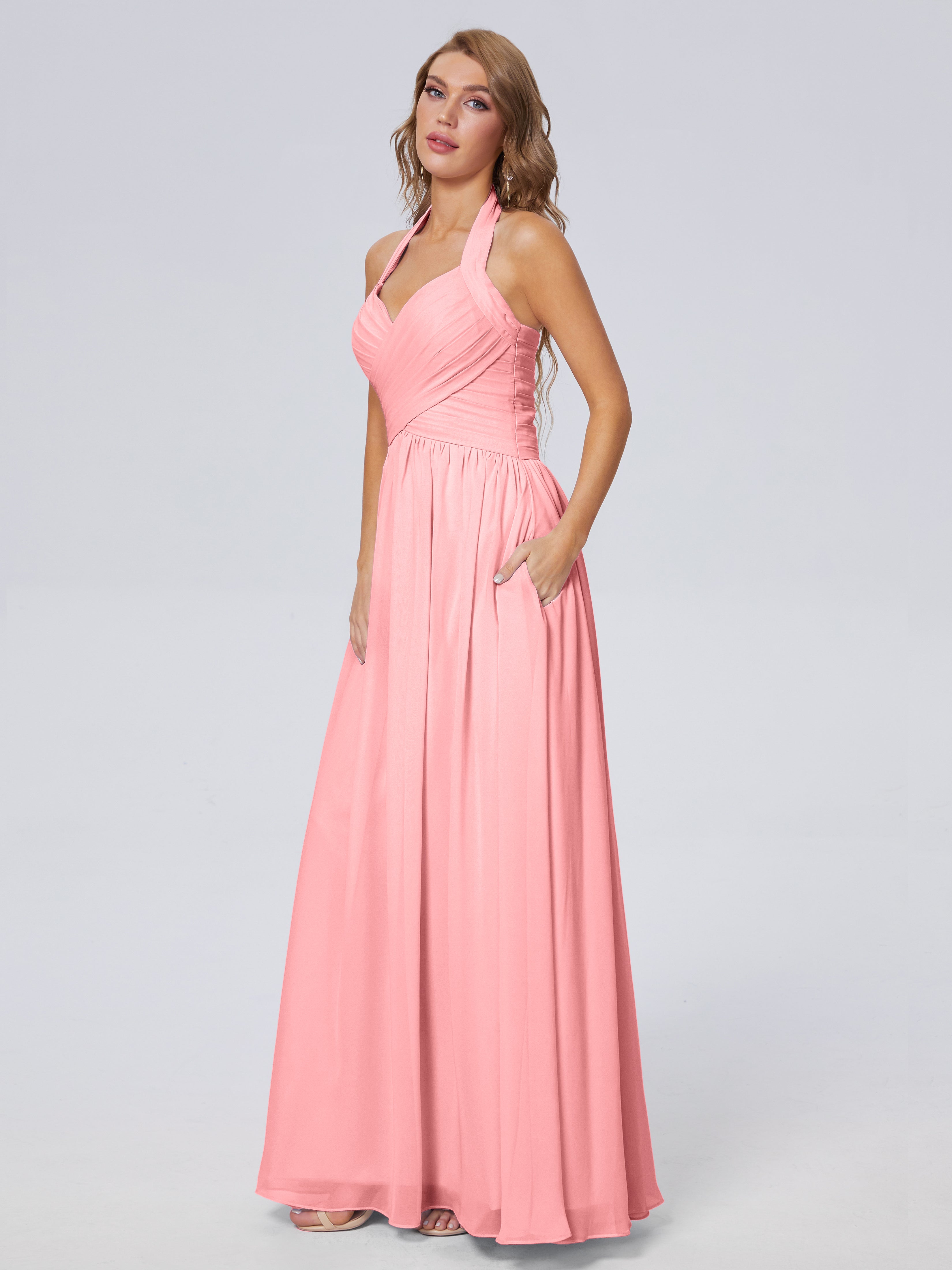 Amaya Pretty Halter Chiffon Long Bridesmaid Dresses