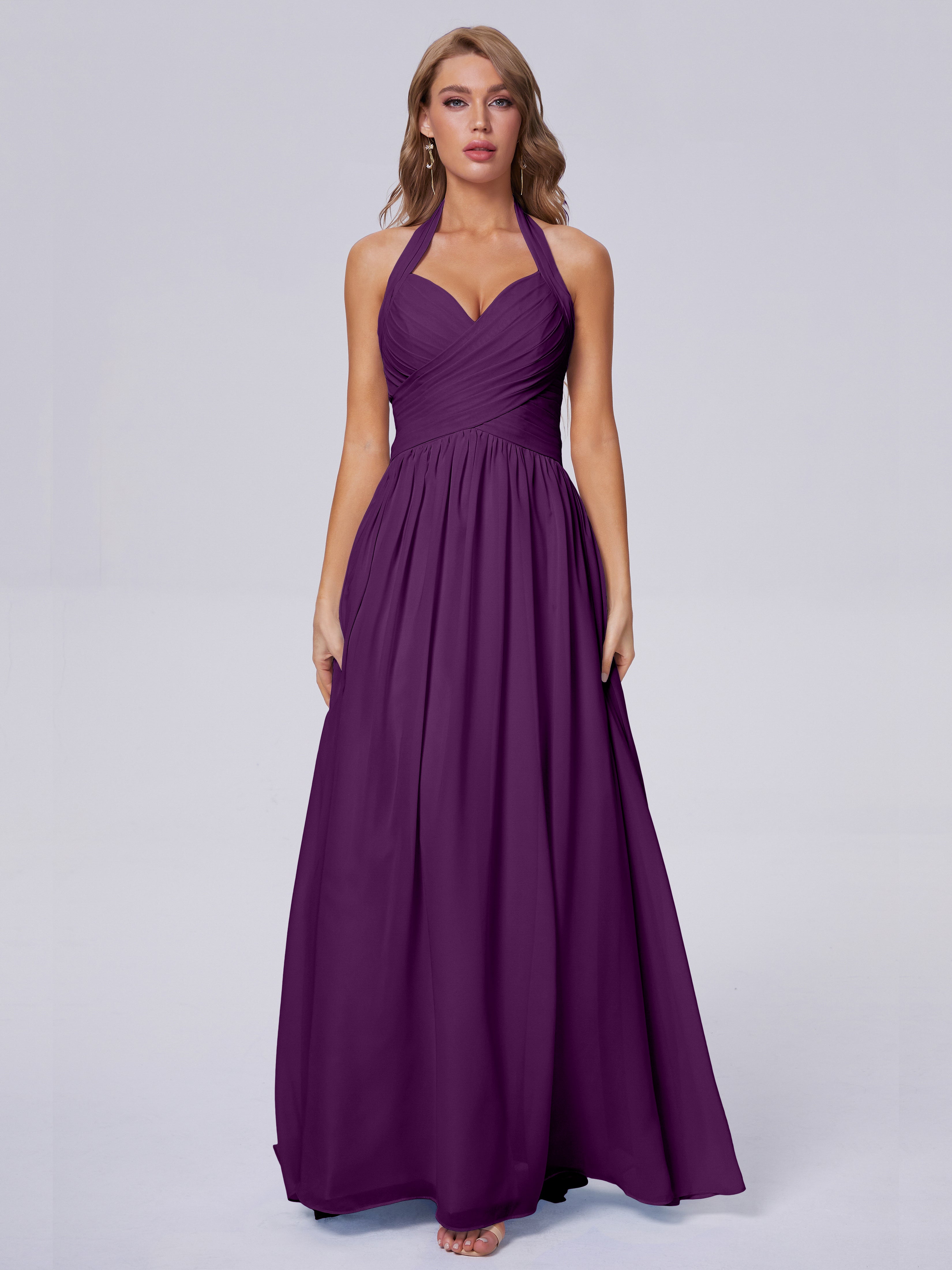 Amaya Pretty Halter Chiffon Long Bridesmaid Dresses