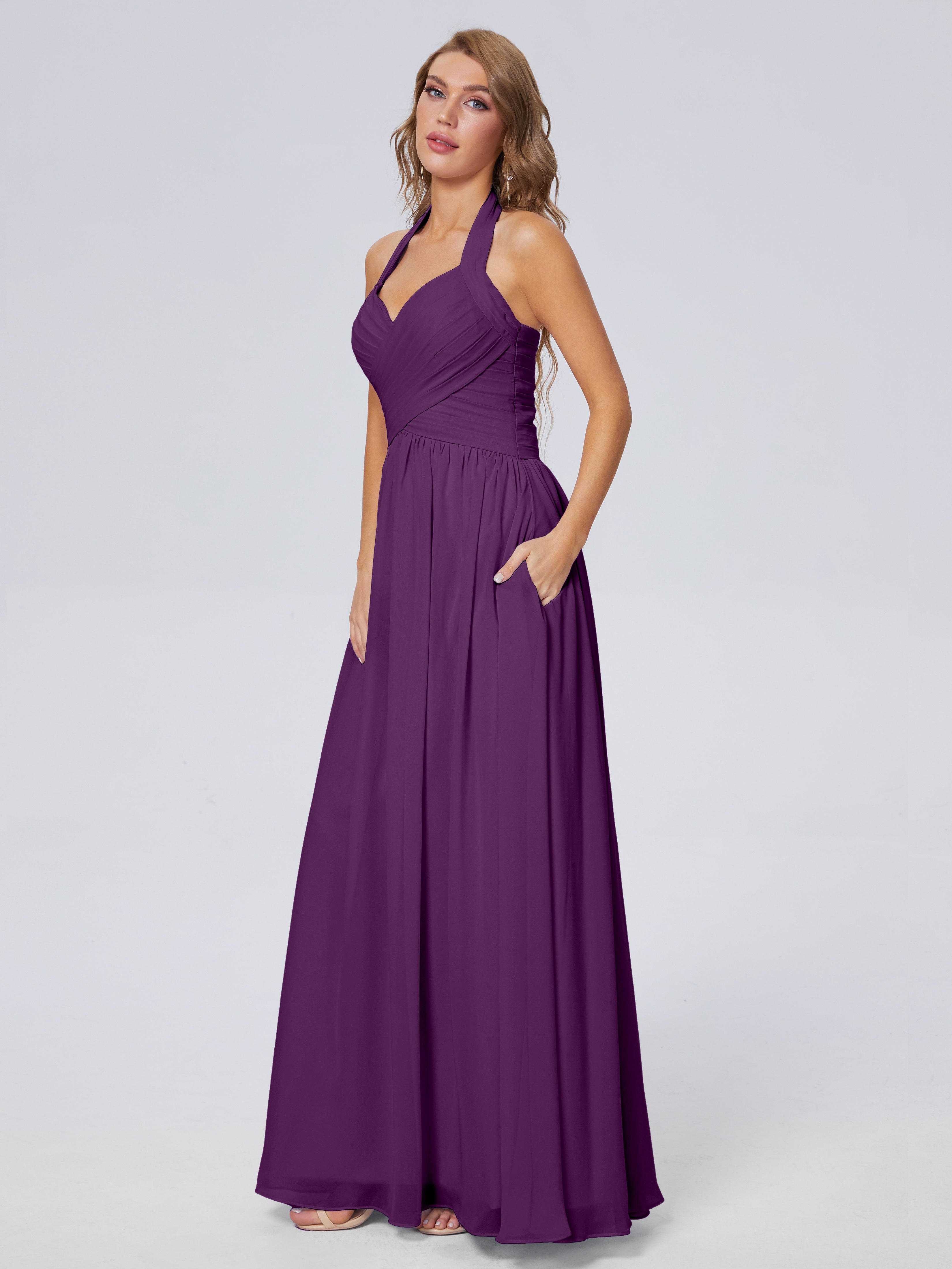 Amaya Pretty Halter Chiffon Long Bridesmaid Dresses