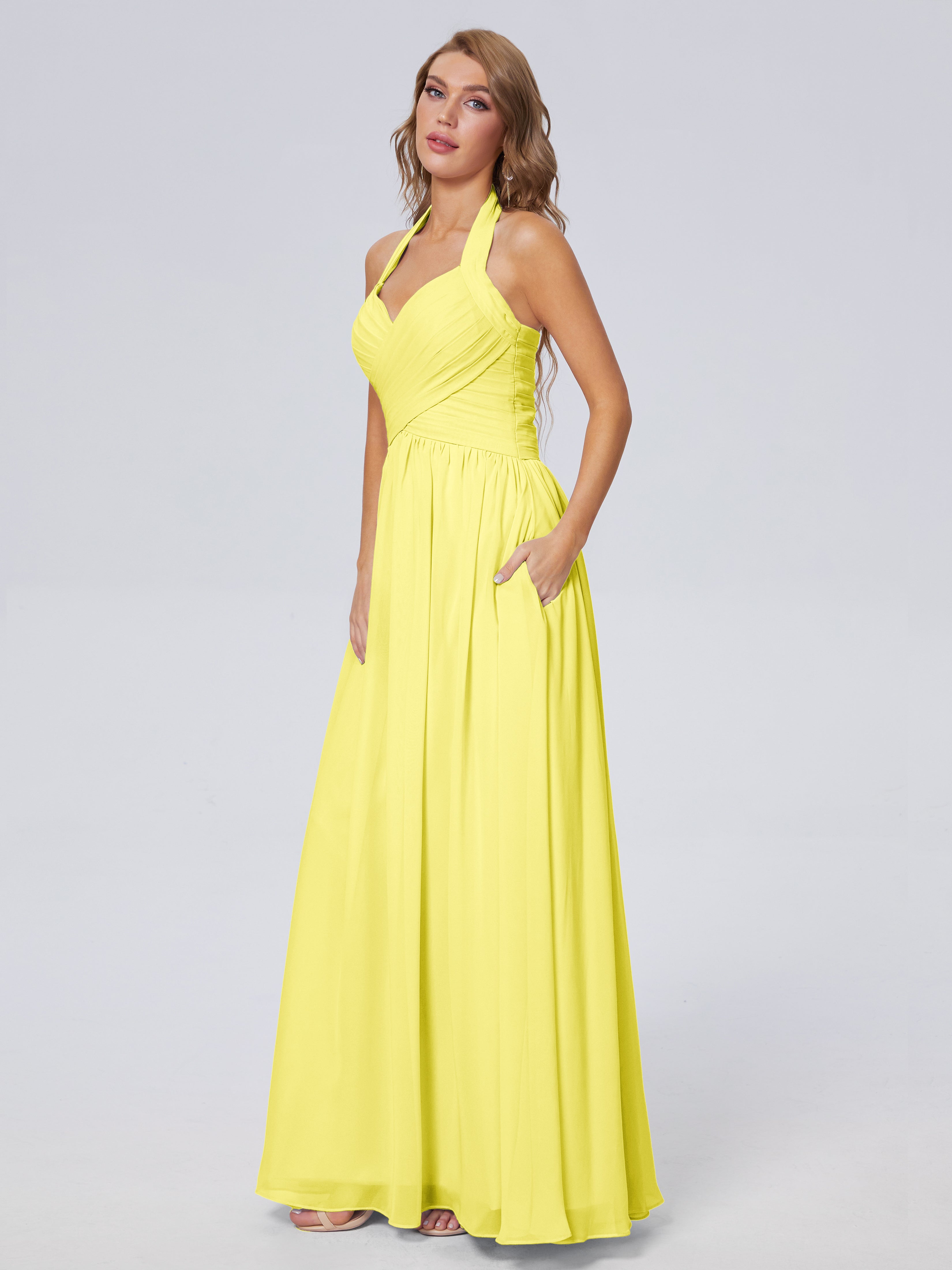 Amaya Pretty Halter Chiffon Long Bridesmaid Dresses