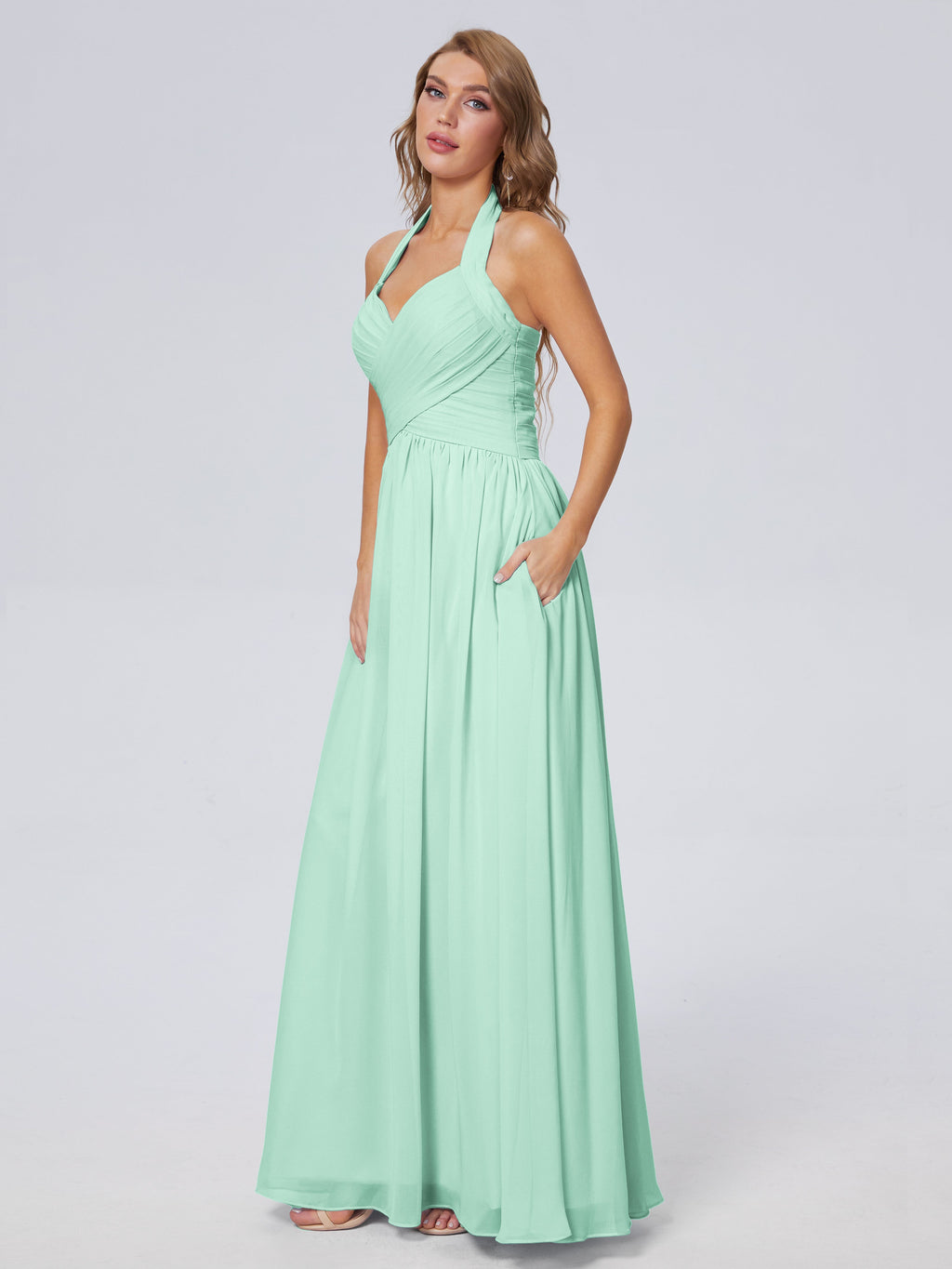 Amaya Pretty Halter Chiffon Long Bridesmaid Dresses