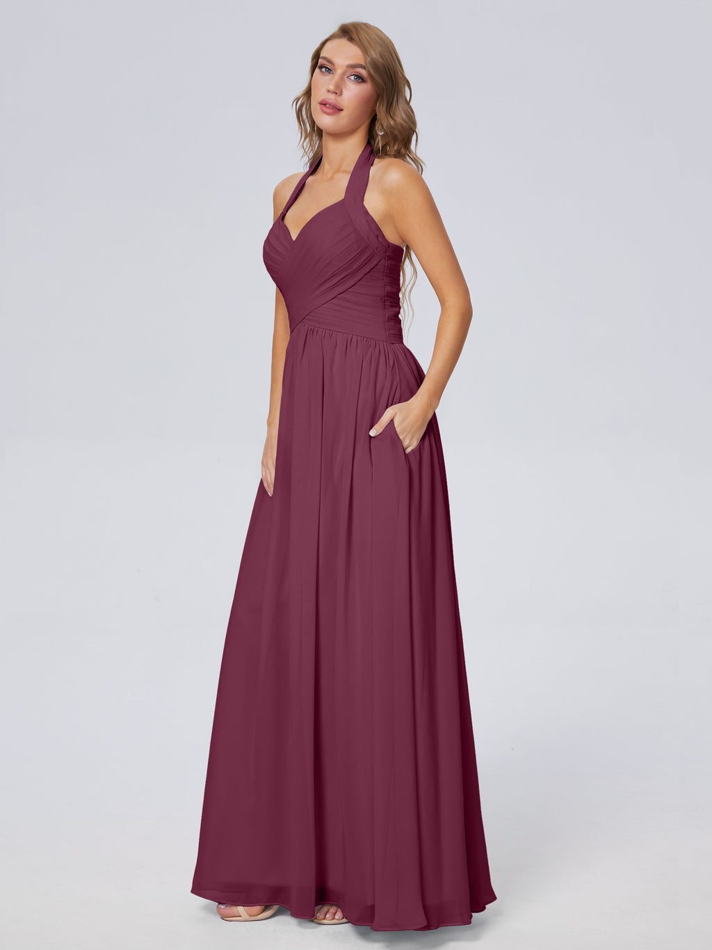 Amaya Pretty Halter Chiffon Long Bridesmaid Dresses