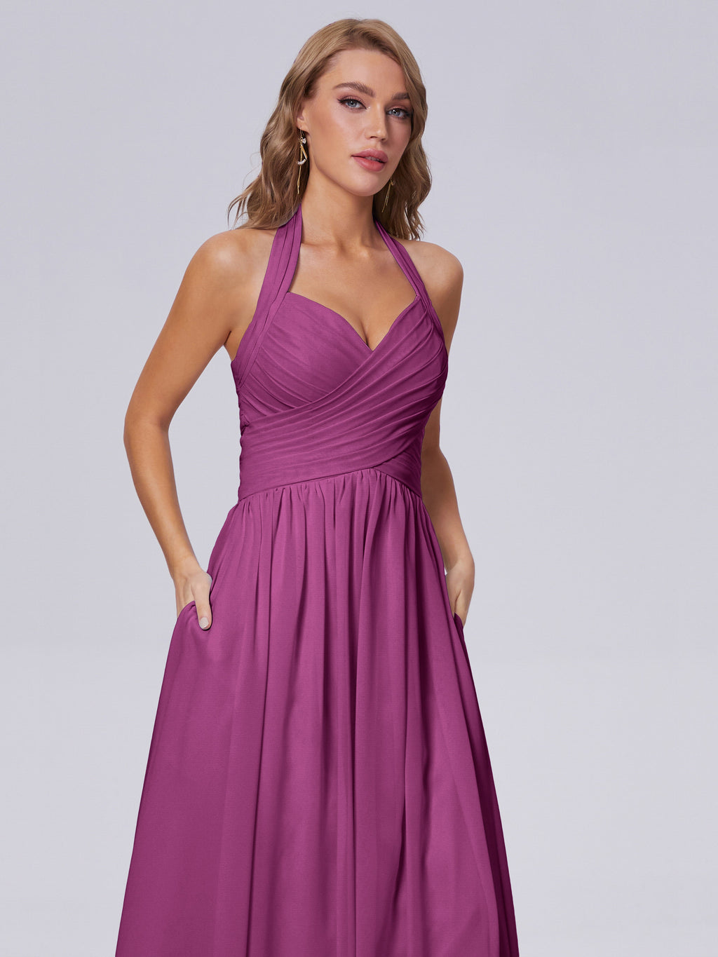 Amaya Pretty Halter Chiffon Long Bridesmaid Dresses