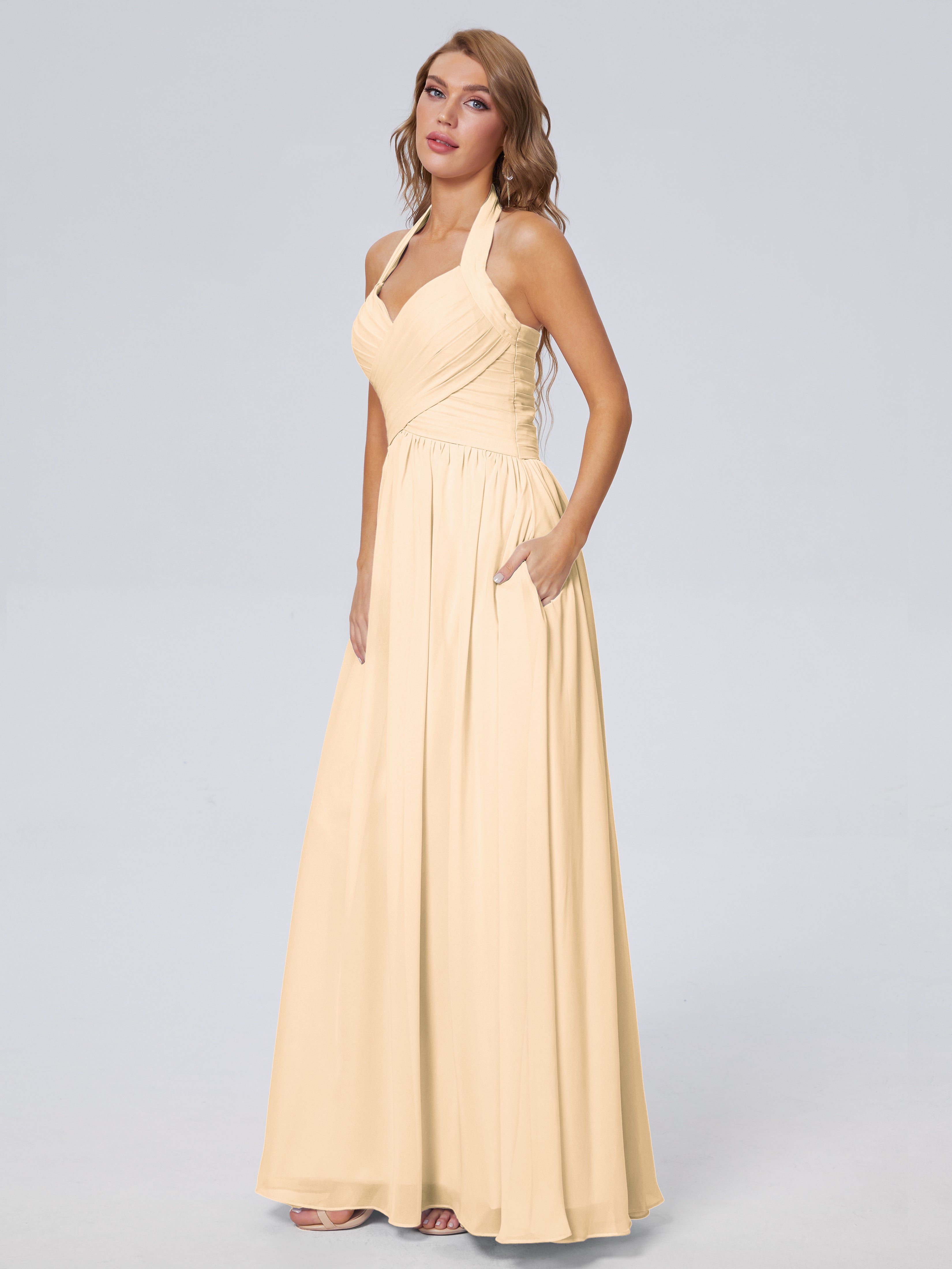 Amaya Pretty Halter Chiffon Long Bridesmaid Dresses