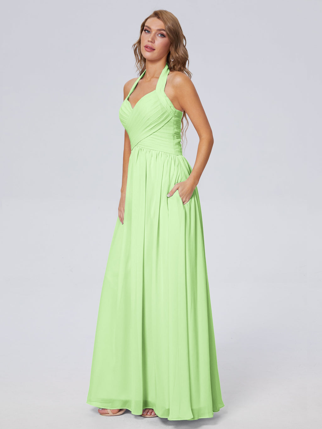 Amaya Pretty Halter Chiffon Long Bridesmaid Dresses
