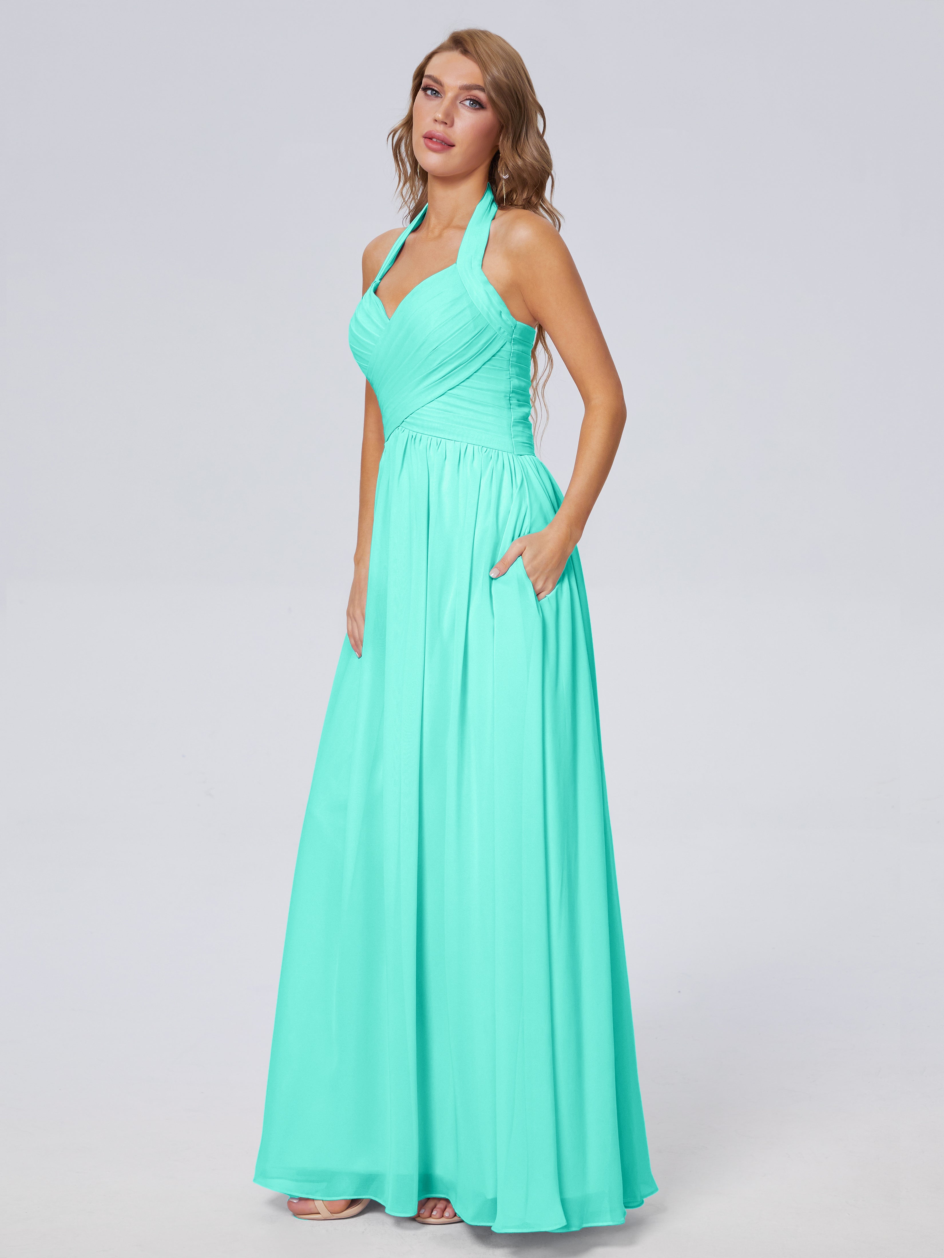 Amaya Pretty Halter Chiffon Long Bridesmaid Dresses