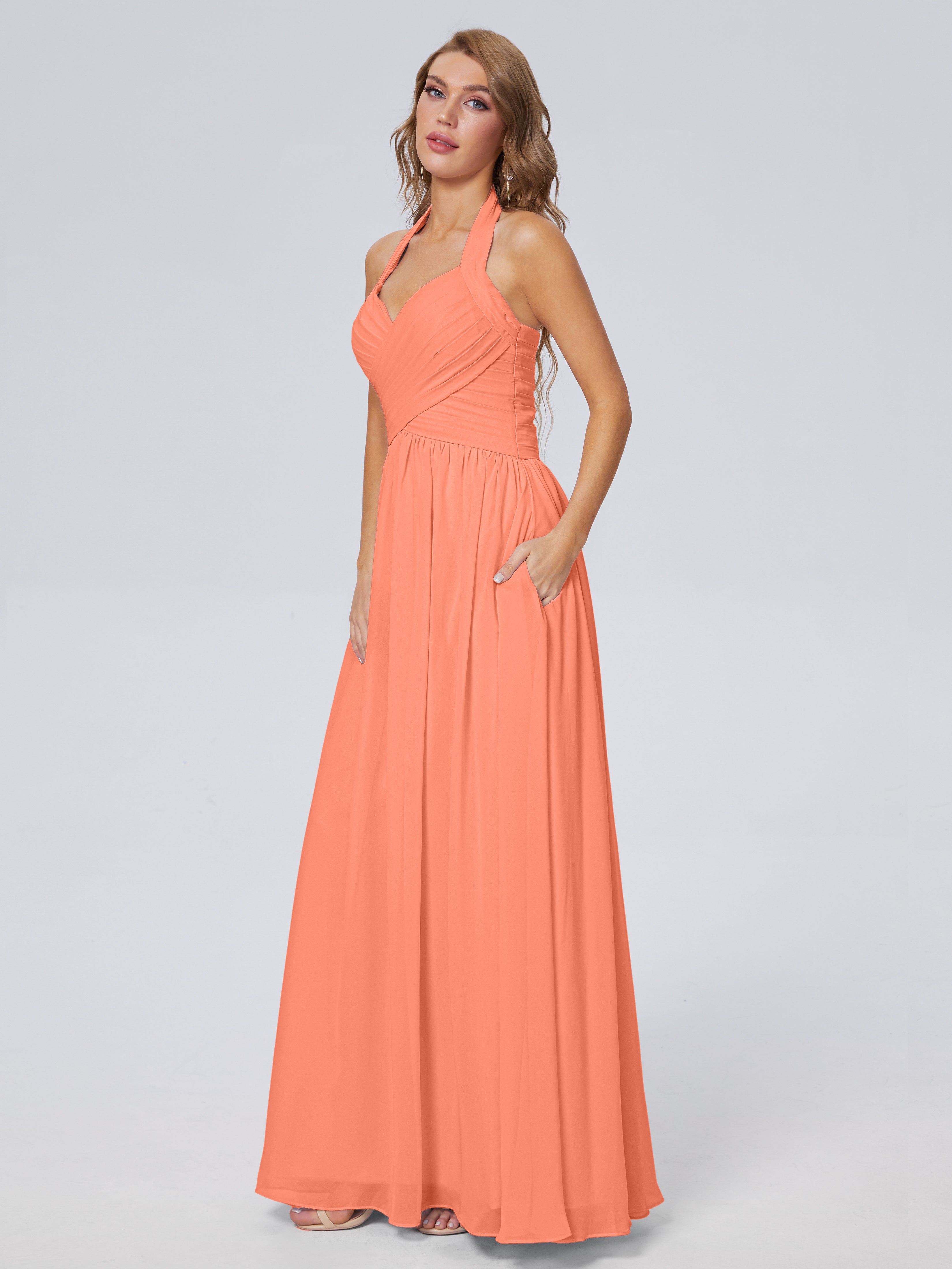 Amaya Pretty Halter Chiffon Long Bridesmaid Dresses