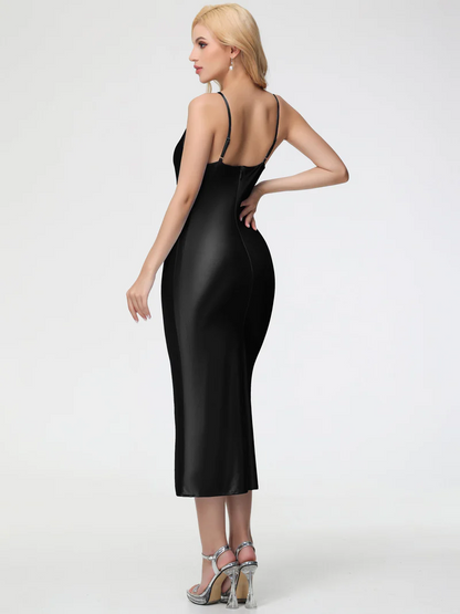 Black Stretch Sleeveless Cowl Bridesmaid Dress Sheath/Column Straps Cowl Neck Tea Length Stretch Satin Bridesmaid Dress