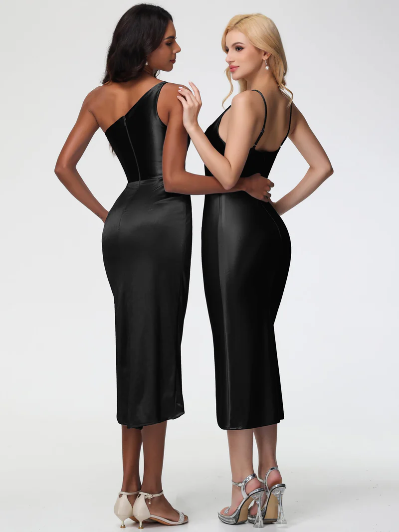 Black Stretch Sleeveless Cowl Bridesmaid Dress Sheath/Column Straps Cowl Neck Tea Length Stretch Satin Bridesmaid Dress