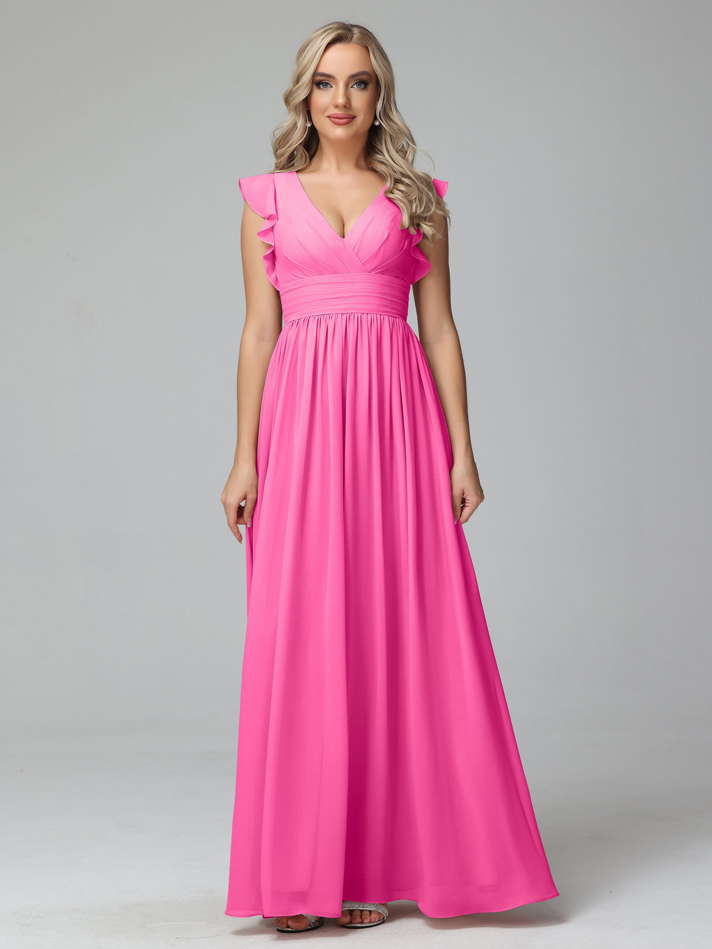 Bonnie V Neck Empire Chiffon Bridesmaid Dresses With Ruffle Sleeves