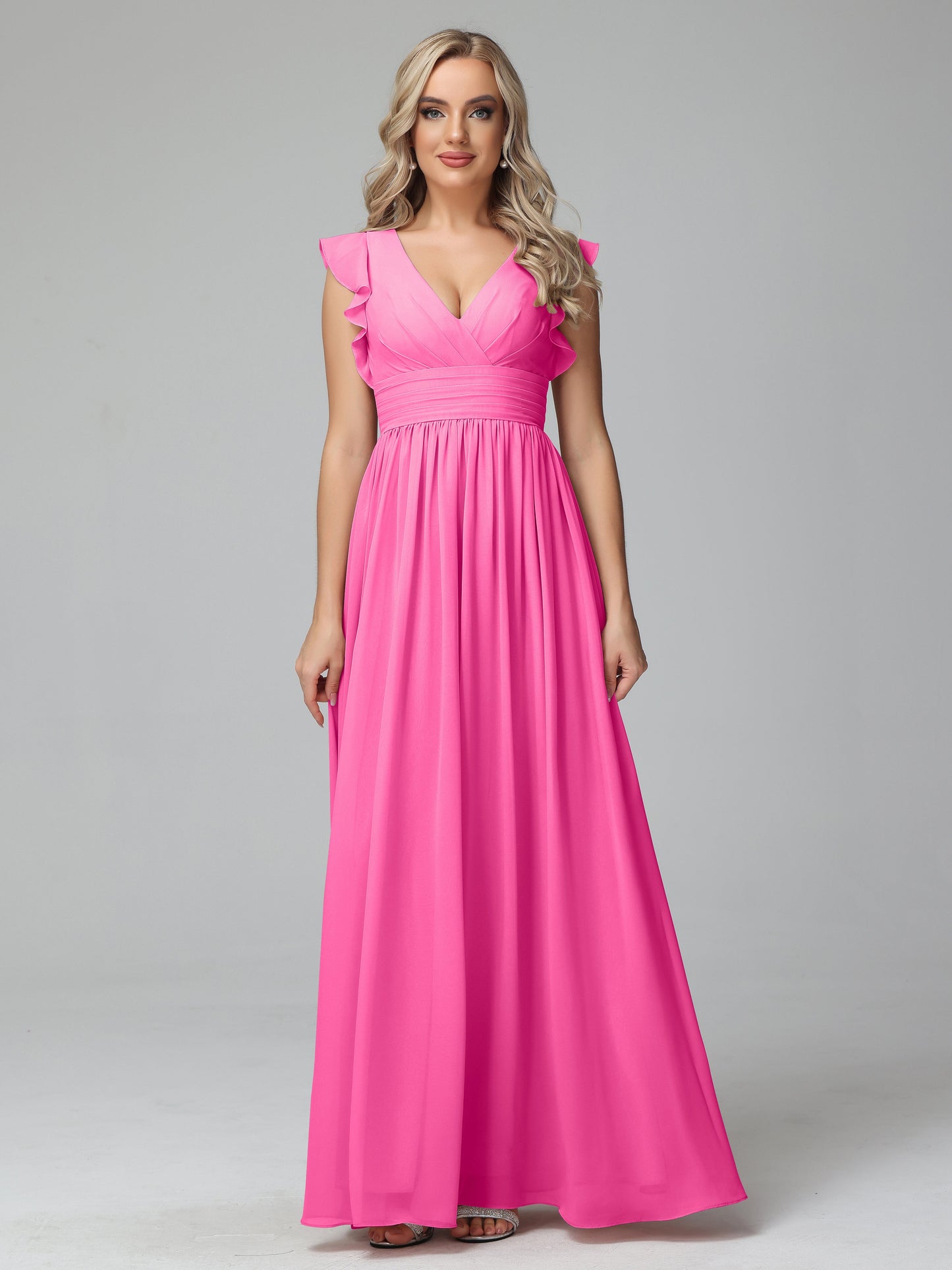 Bonnie V Neck Empire Chiffon Bridesmaid Dresses With Ruffle Sleeves