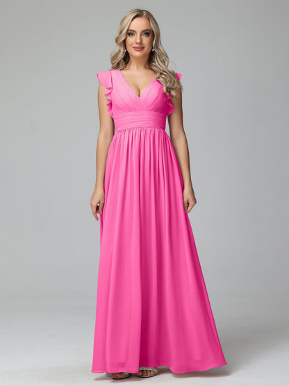 Bonnie V Neck Empire Chiffon Bridesmaid Dresses With Ruffle Sleeves