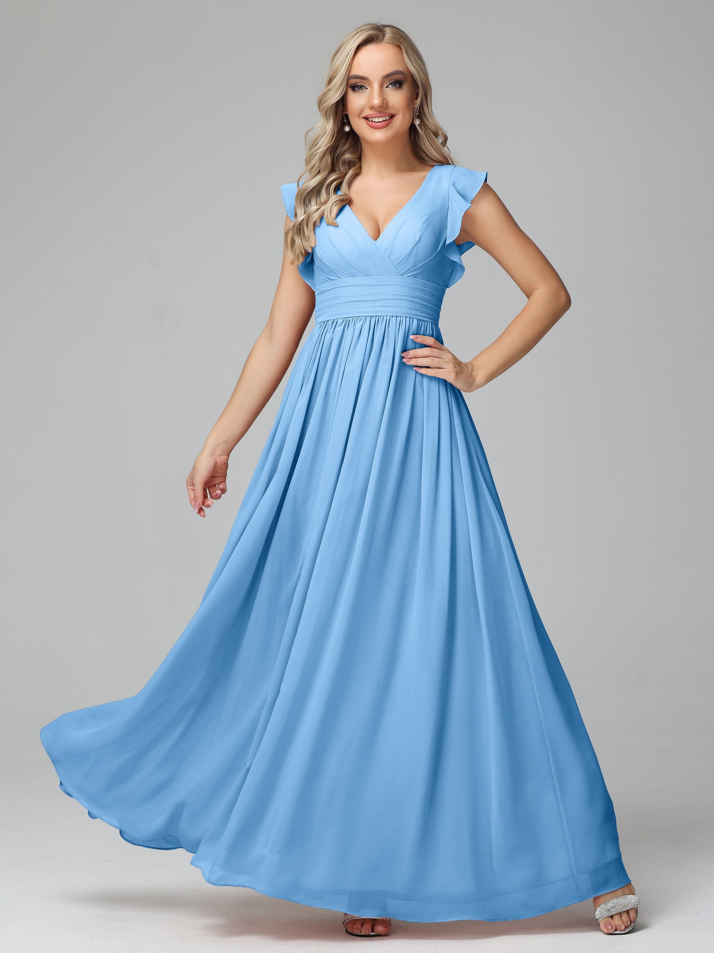 Bonnie V Neck Empire Chiffon Bridesmaid Dresses With Ruffle Sleeves