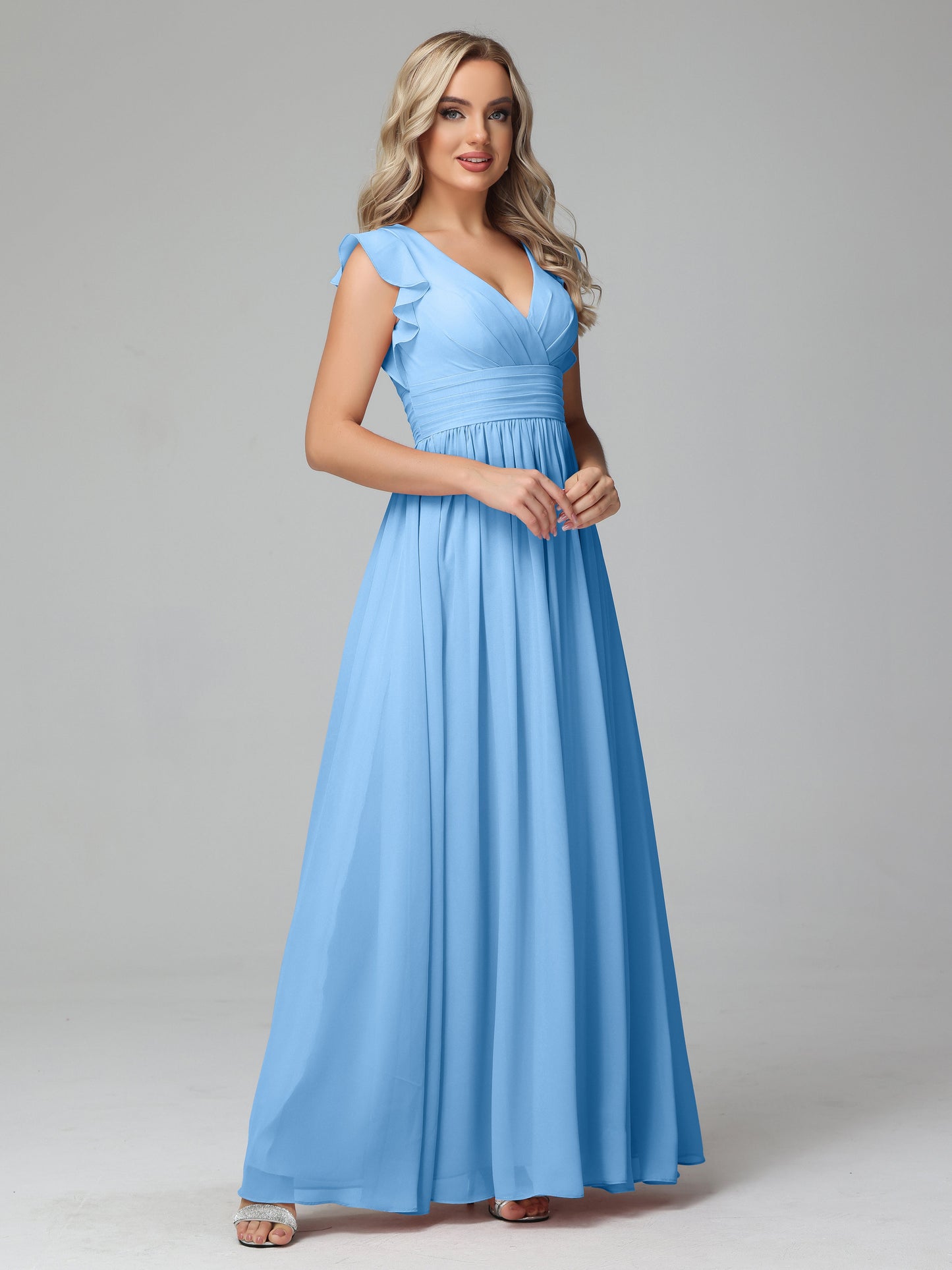 Bonnie V Neck Empire Chiffon Bridesmaid Dresses With Ruffle Sleeves