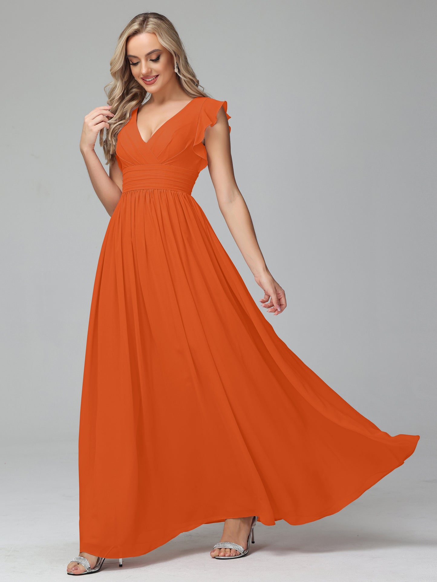 Bonnie V Neck Empire Chiffon Bridesmaid Dresses With Ruffle Sleeves