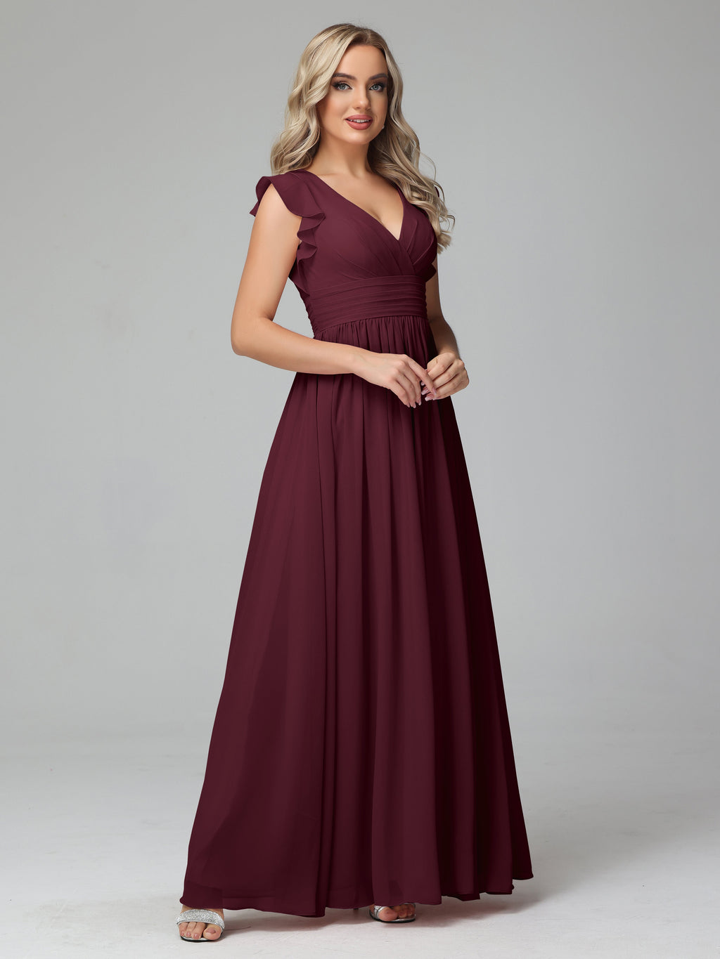 Bonnie V Neck Empire Chiffon Bridesmaid Dresses With Ruffle Sleeves