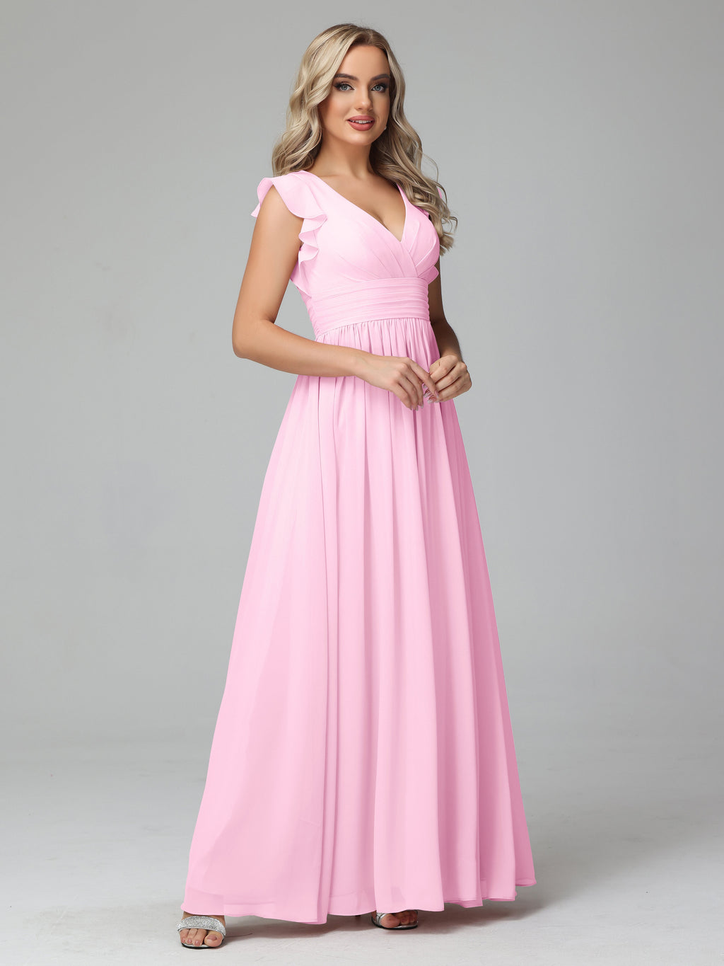 Bonnie V Neck Empire Chiffon Bridesmaid Dresses With Ruffle Sleeves