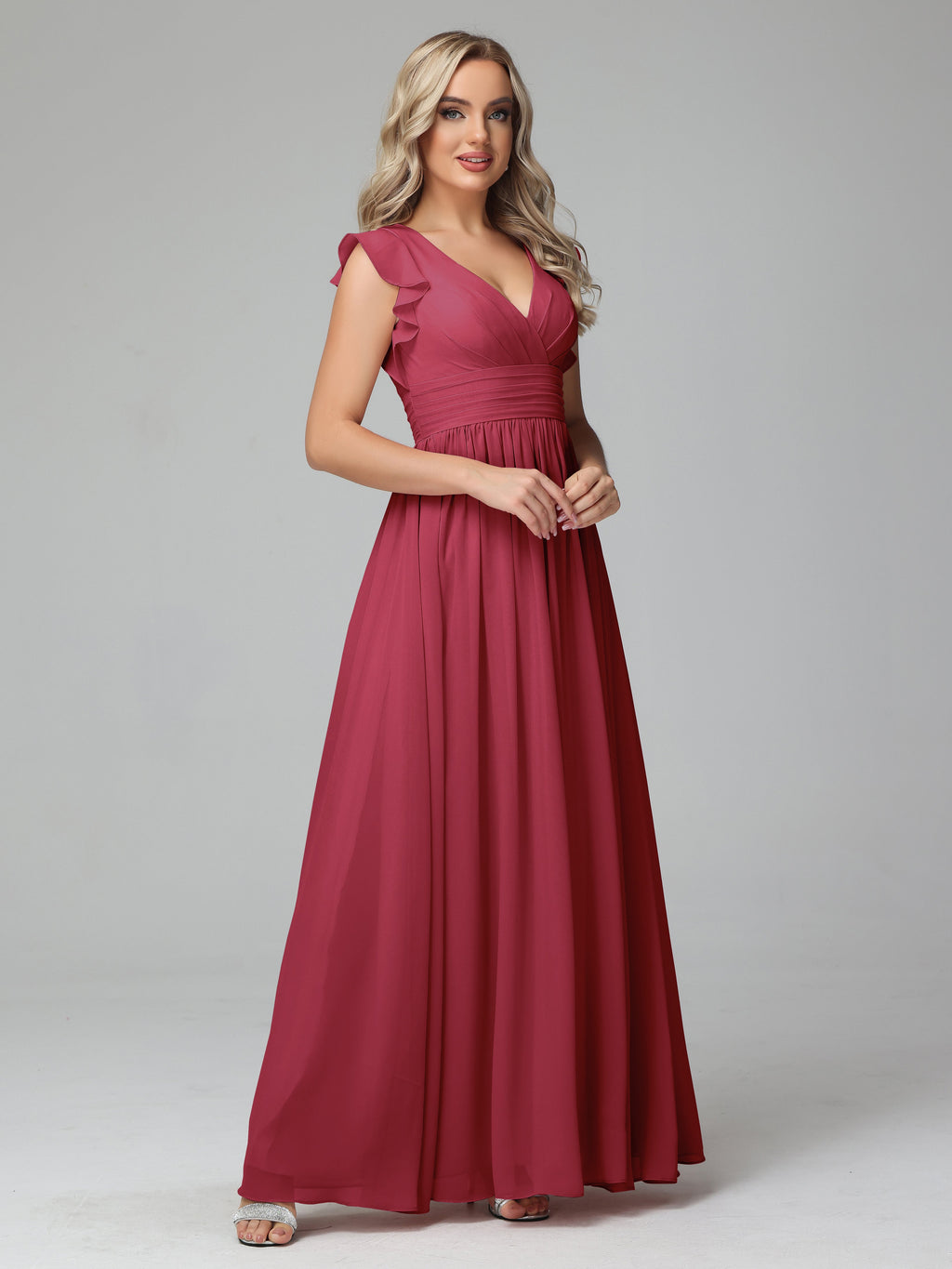 Bonnie V Neck Empire Chiffon Bridesmaid Dresses With Ruffle Sleeves