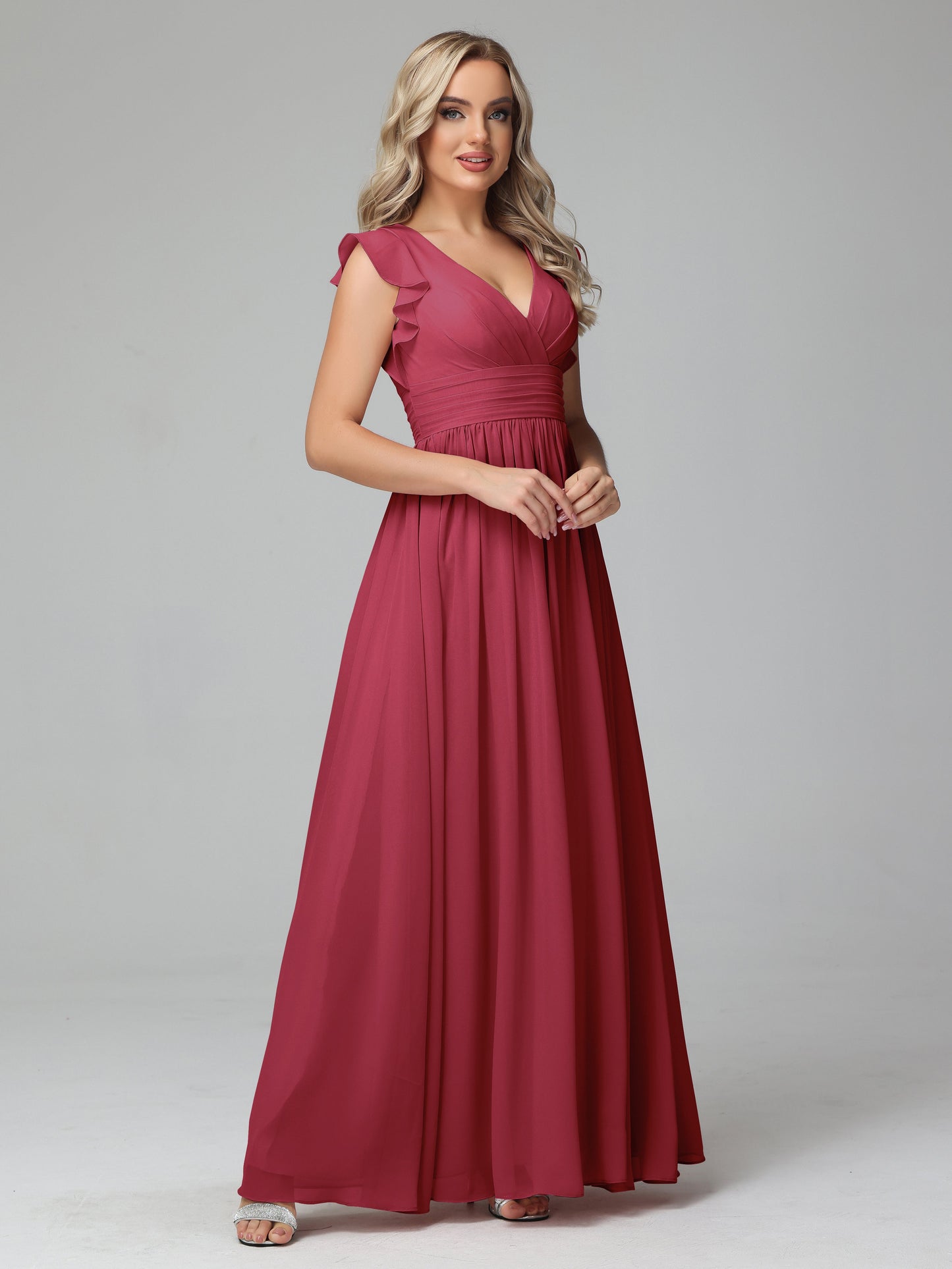Bonnie V Neck Empire Chiffon Bridesmaid Dresses With Ruffle Sleeves