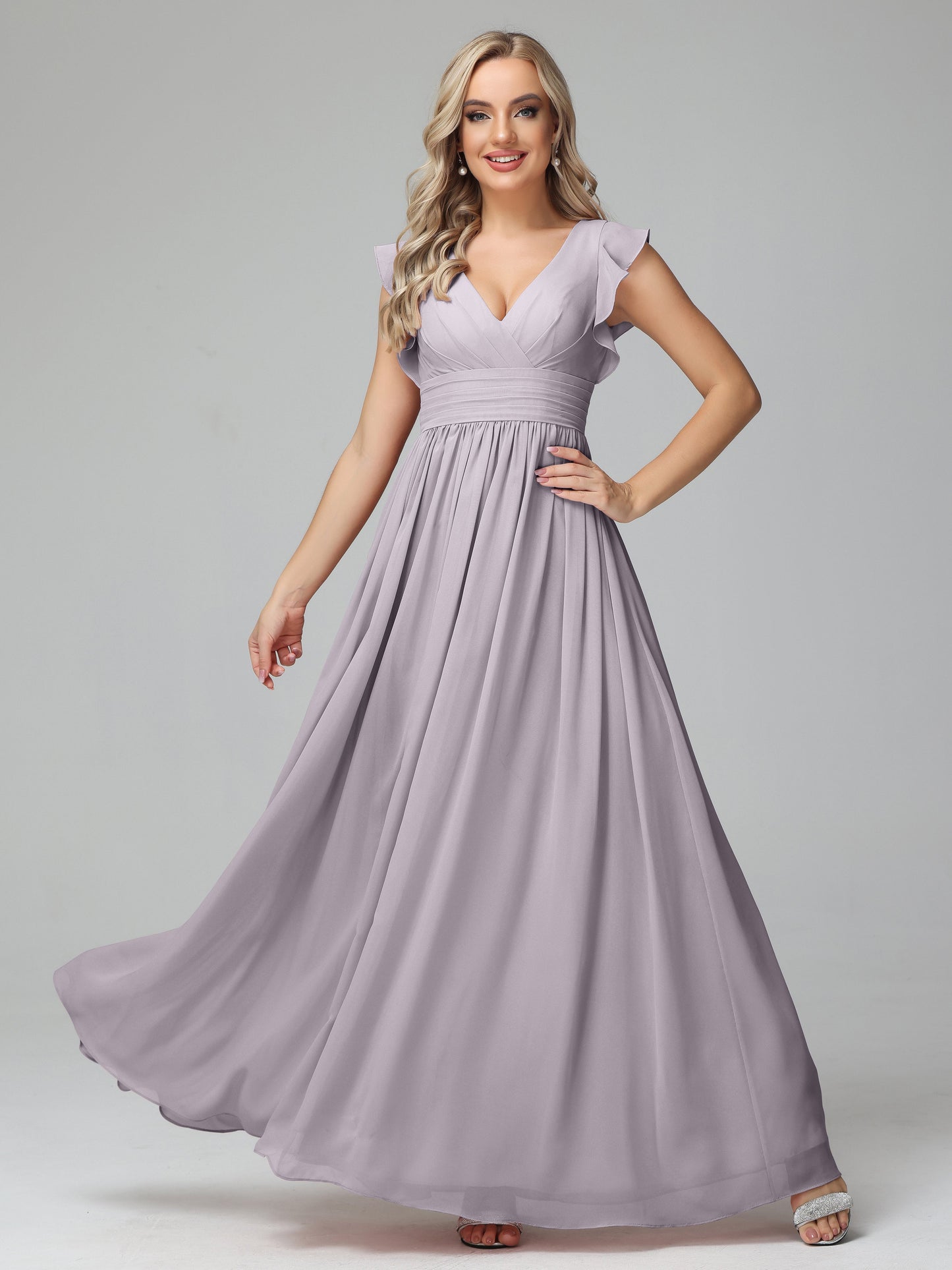 Bonnie V Neck Empire Chiffon Bridesmaid Dresses With Ruffle Sleeves