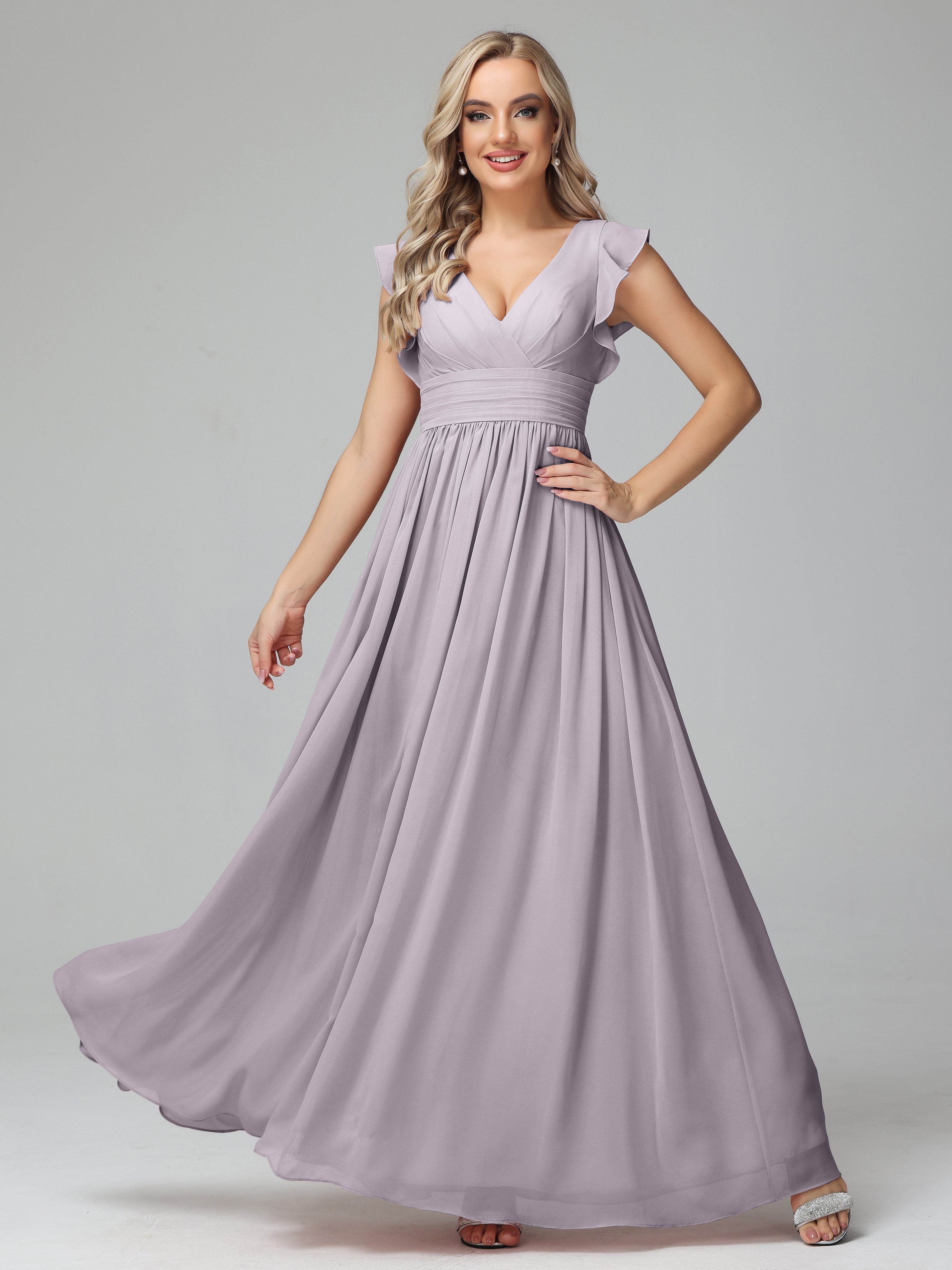 Bonnie V Neck Empire Chiffon Bridesmaid Dresses With Ruffle Sleeves