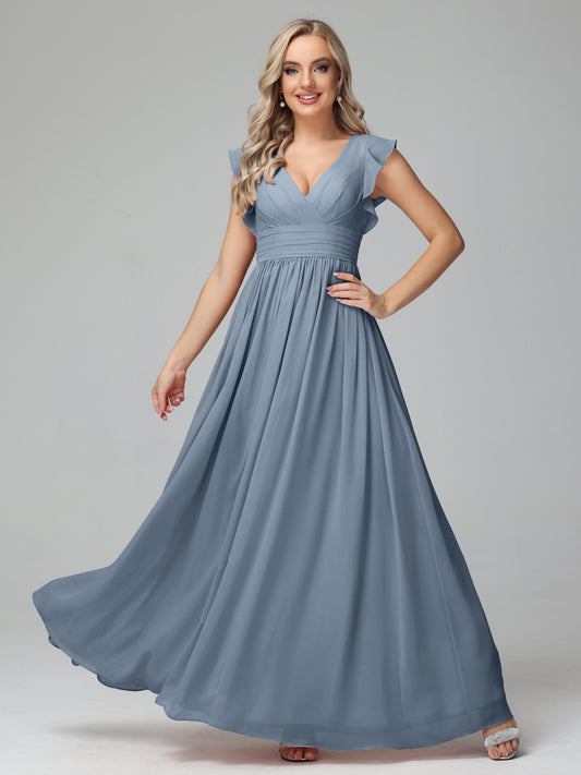 Bonnie V Neck Empire Chiffon Bridesmaid Dresses With Ruffle Sleeves