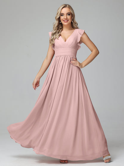 Bonnie V Neck Empire Chiffon Bridesmaid Dresses With Ruffle Sleeves