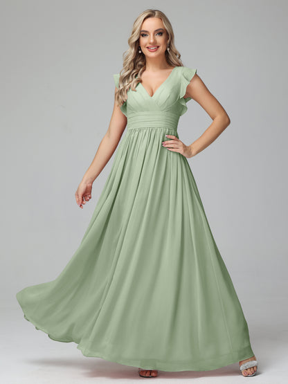 Bonnie V Neck Empire Chiffon Bridesmaid Dresses With Ruffle Sleeves
