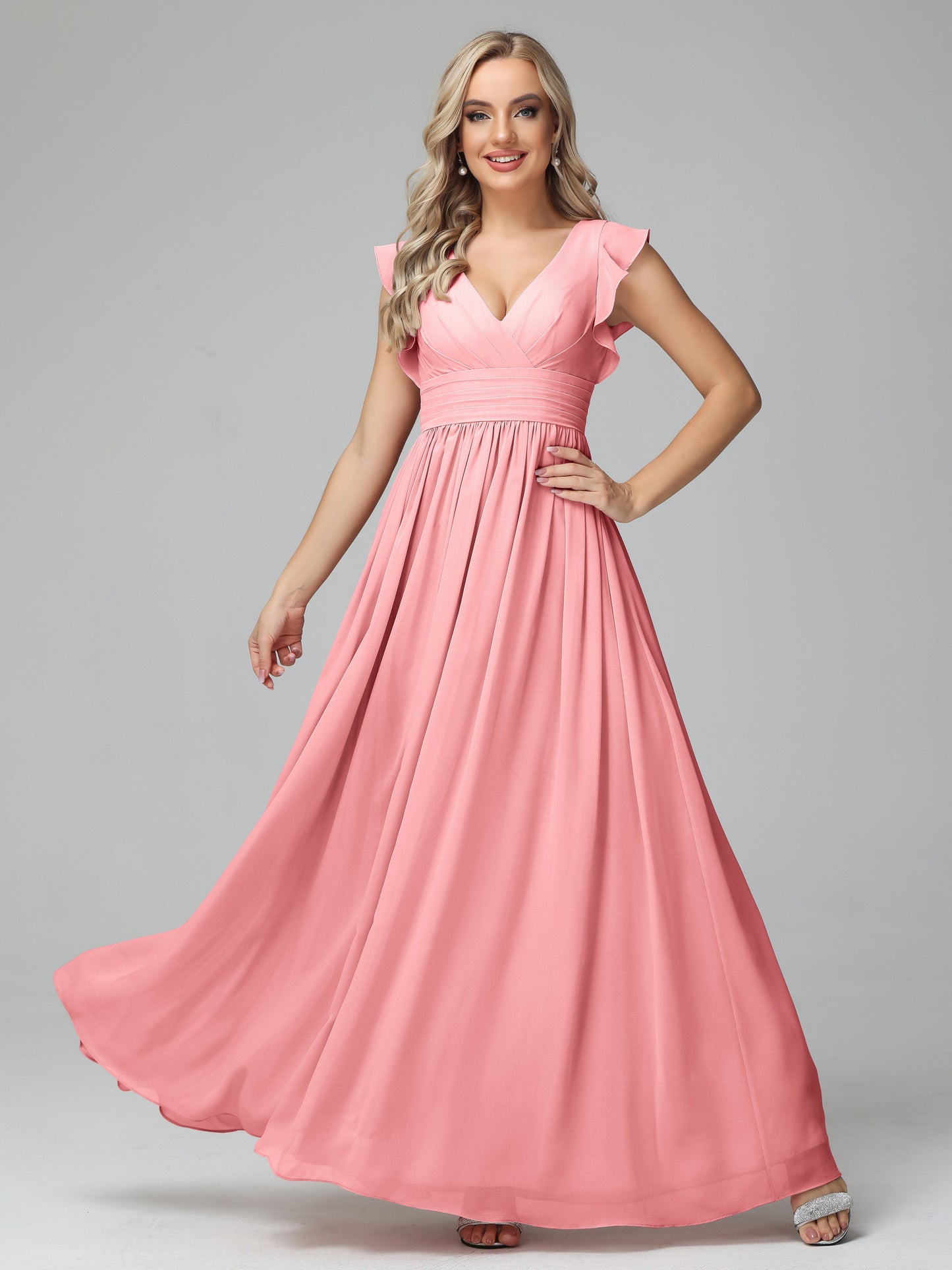 Bonnie V Neck Empire Chiffon Bridesmaid Dresses With Ruffle Sleeves