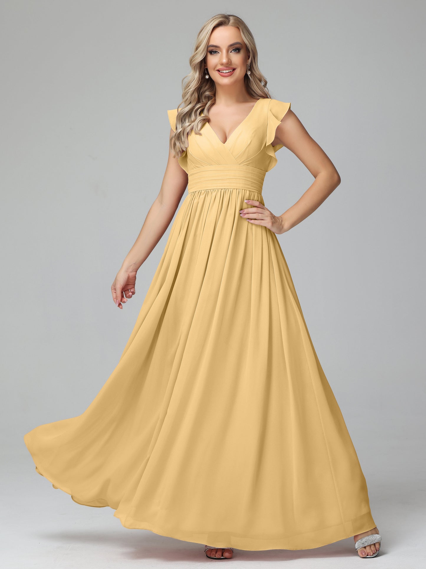 Bonnie V Neck Empire Chiffon Bridesmaid Dresses With Ruffle Sleeves