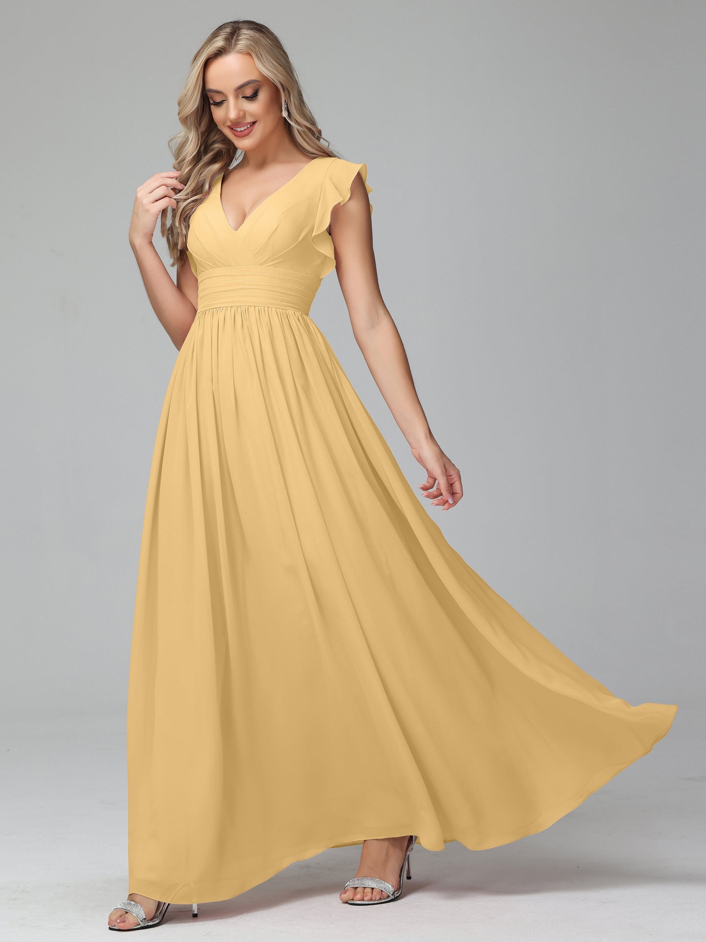 Bonnie V Neck Empire Chiffon Bridesmaid Dresses With Ruffle Sleeves