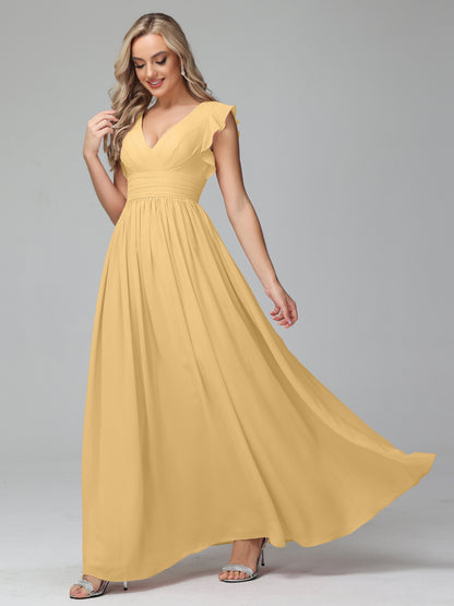 Bonnie V Neck Empire Chiffon Bridesmaid Dresses With Ruffle Sleeves