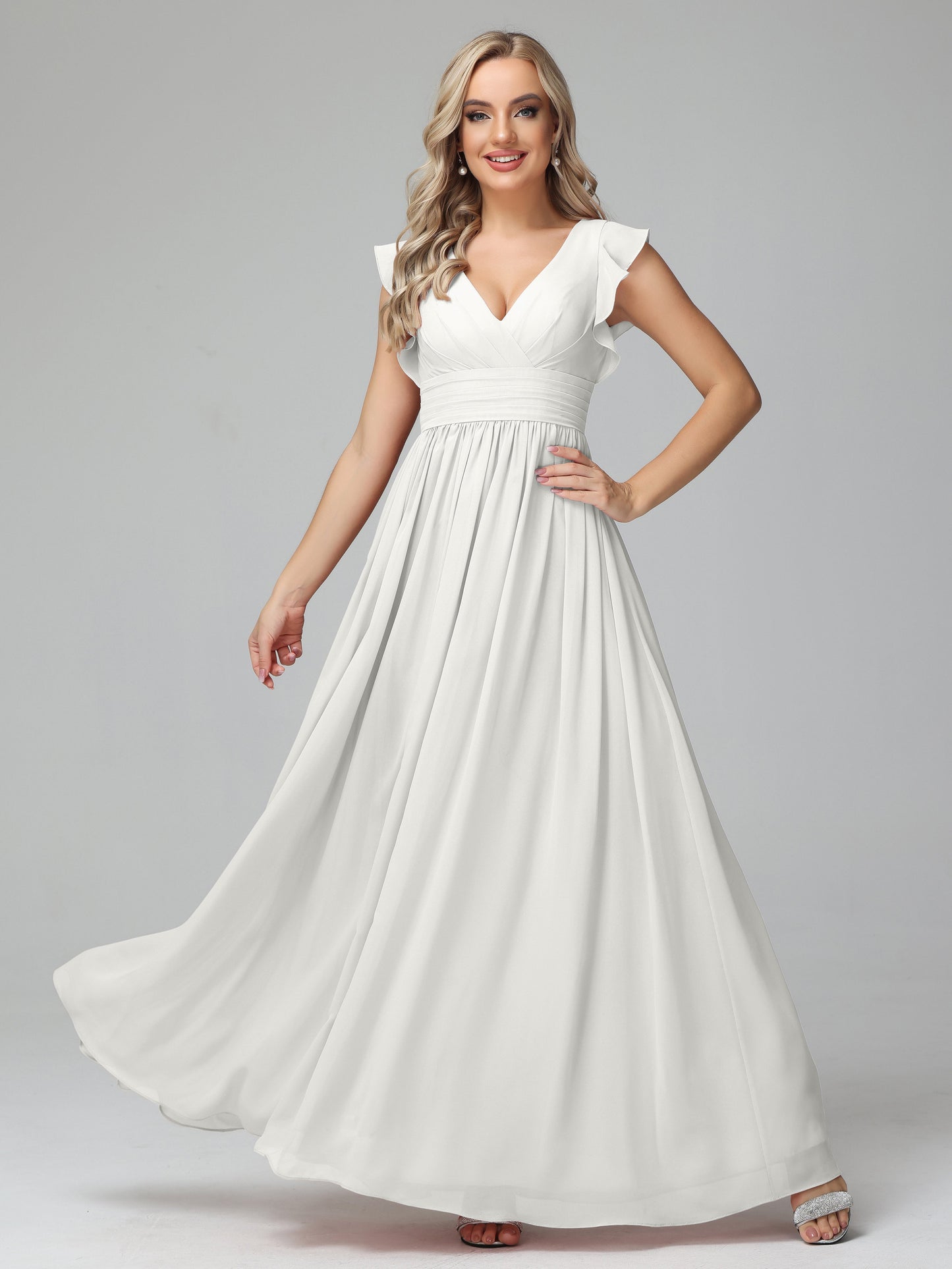 Bonnie V Neck Empire Chiffon Bridesmaid Dresses With Ruffle Sleeves