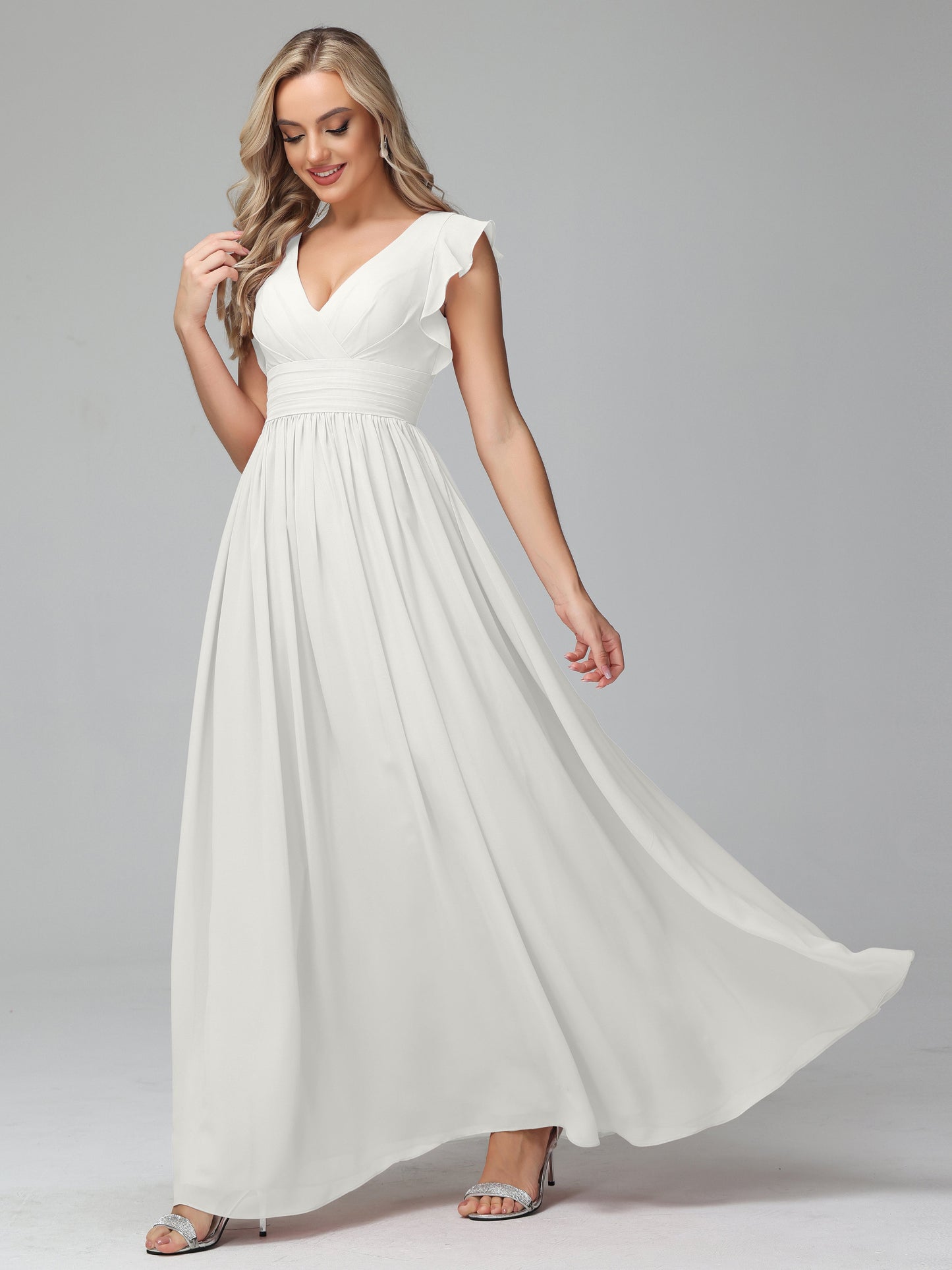 Bonnie V Neck Empire Chiffon Bridesmaid Dresses With Ruffle Sleeves