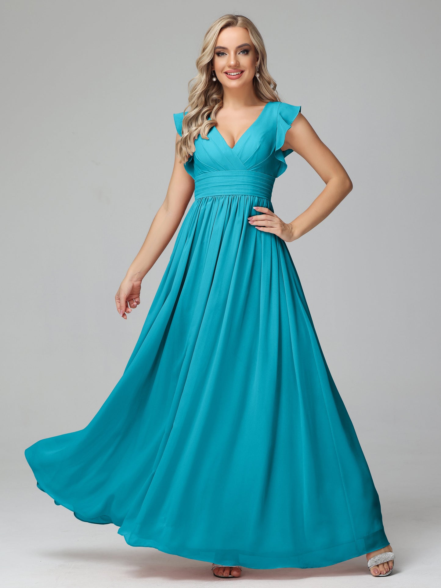 Bonnie V Neck Empire Chiffon Bridesmaid Dresses With Ruffle Sleeves