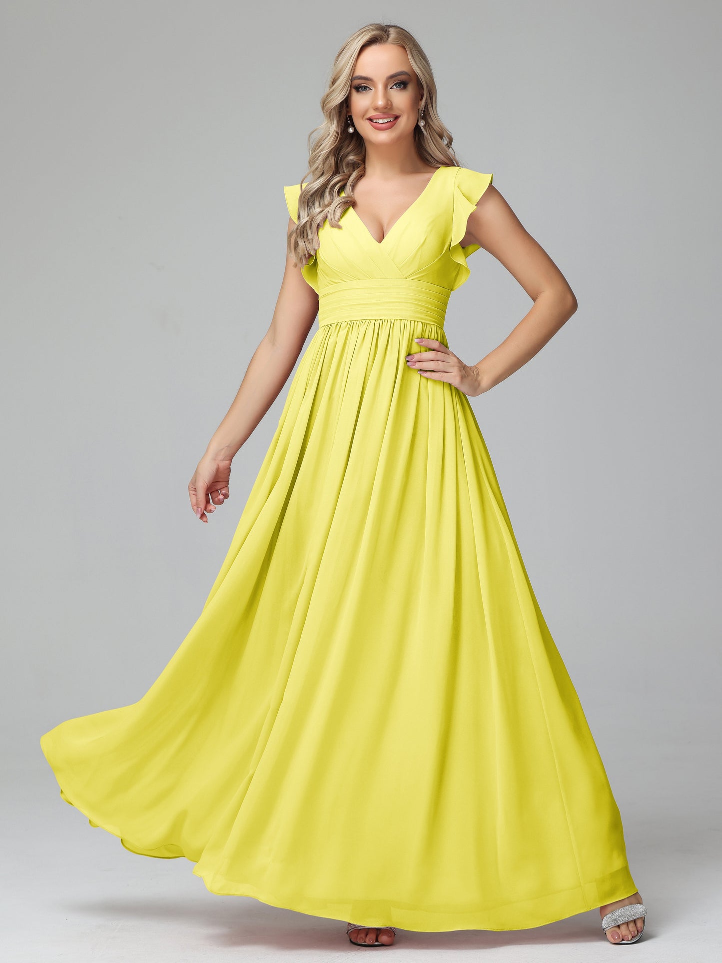 Bonnie V Neck Empire Chiffon Bridesmaid Dresses With Ruffle Sleeves