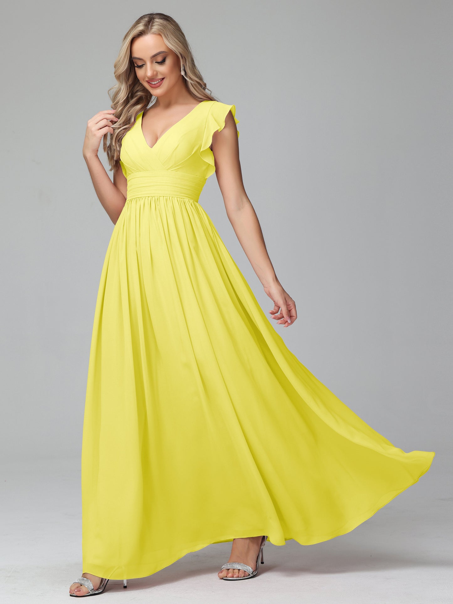 Bonnie V Neck Empire Chiffon Bridesmaid Dresses With Ruffle Sleeves