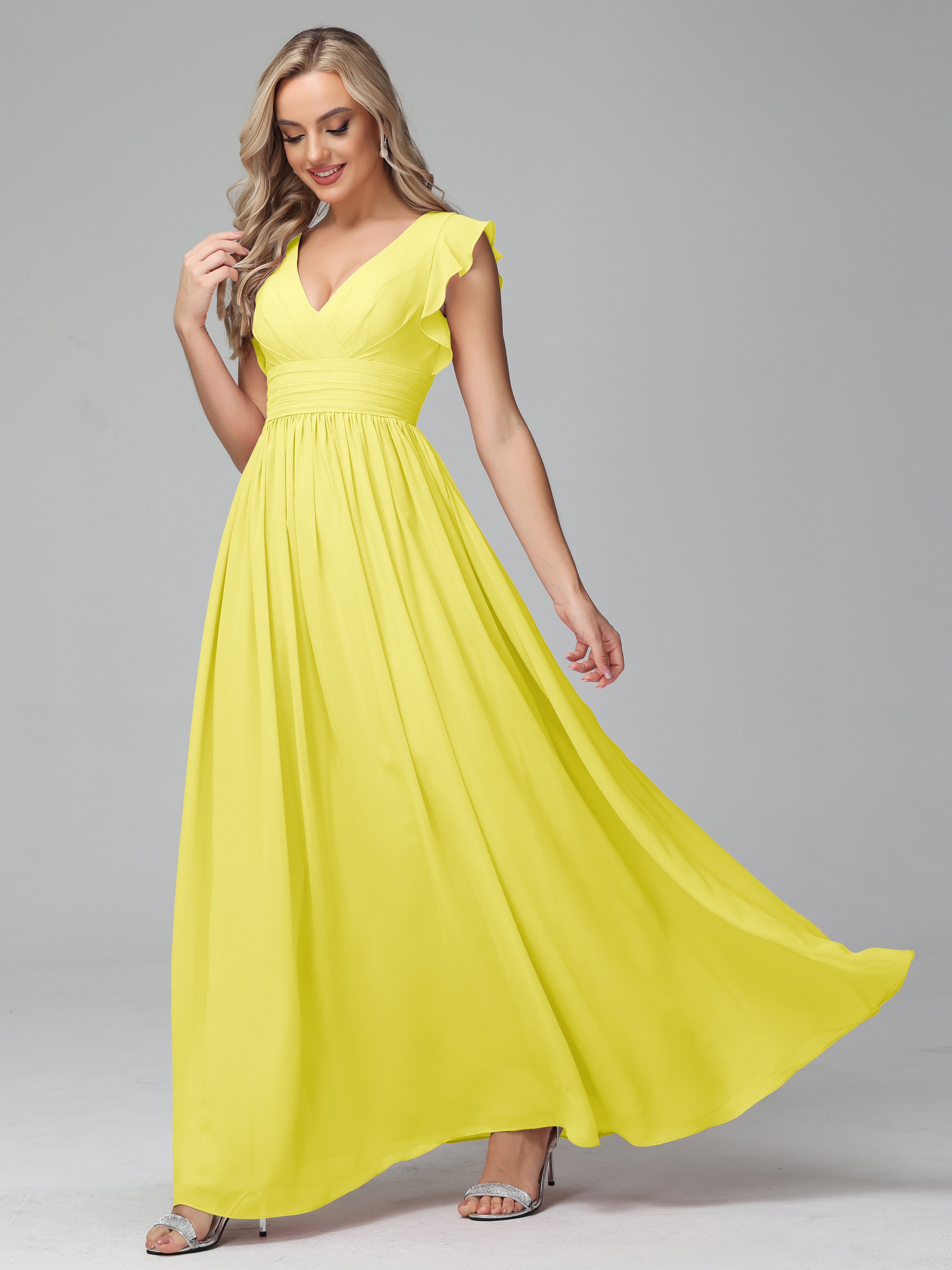 Bonnie V Neck Empire Chiffon Bridesmaid Dresses With Ruffle Sleeves