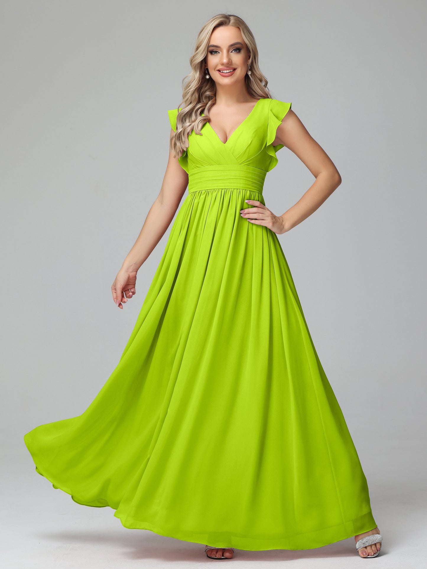 Bonnie V Neck Empire Chiffon Bridesmaid Dresses With Ruffle Sleeves