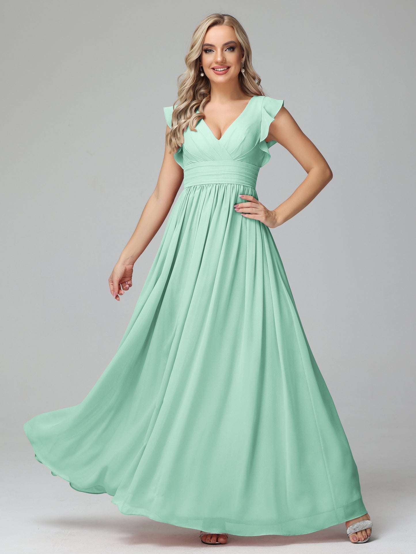 Bonnie V Neck Empire Chiffon Bridesmaid Dresses With Ruffle Sleeves