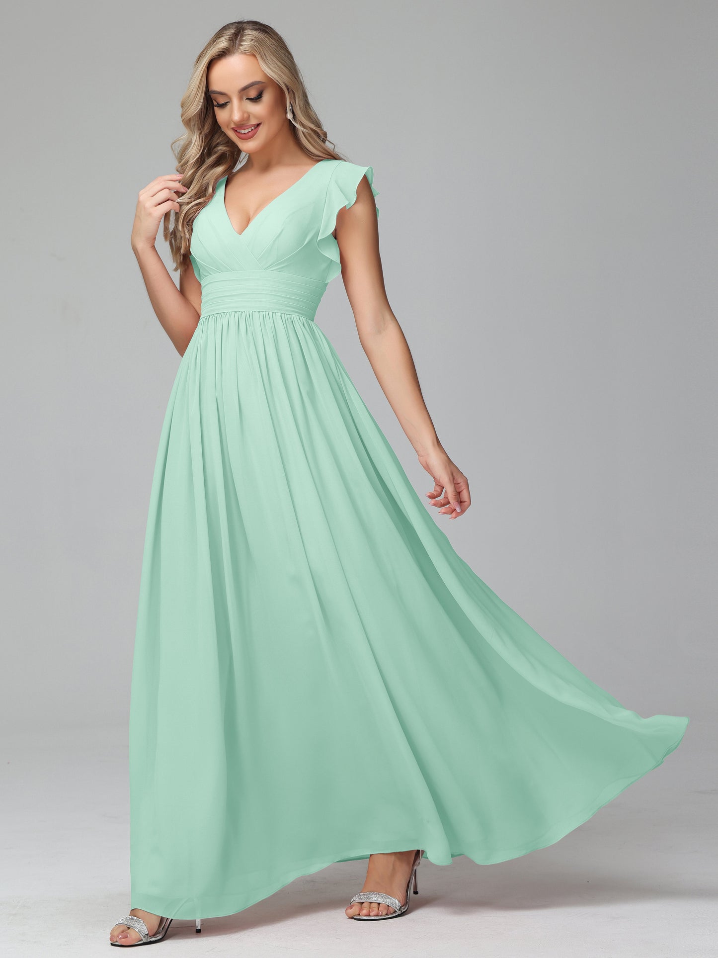 Bonnie V Neck Empire Chiffon Bridesmaid Dresses With Ruffle Sleeves