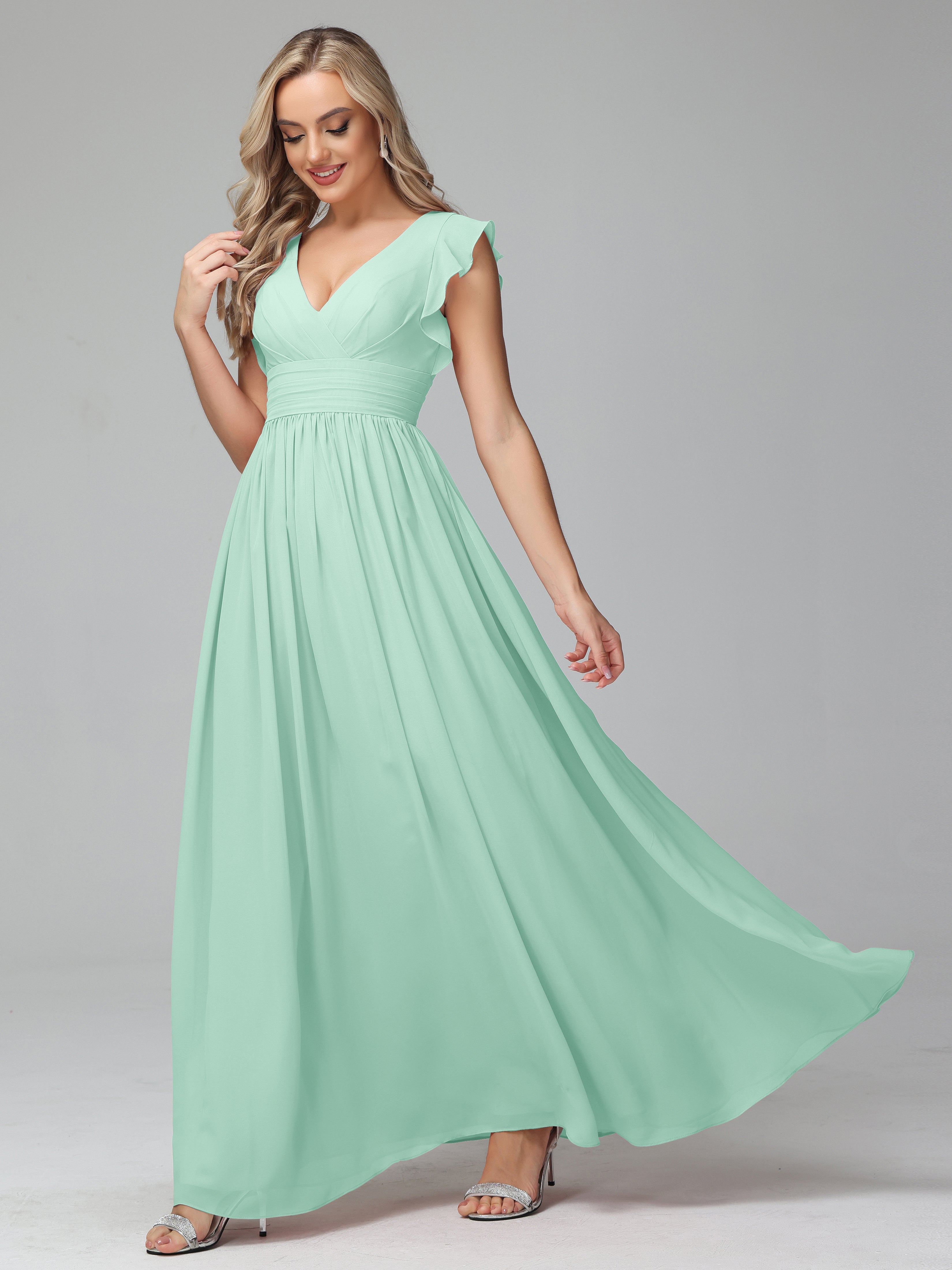 Bonnie V Neck Empire Chiffon Bridesmaid Dresses With Ruffle Sleeves
