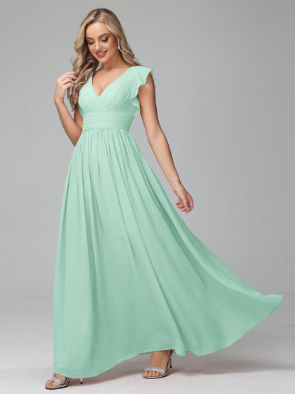 Bonnie V Neck Empire Chiffon Bridesmaid Dresses With Ruffle Sleeves