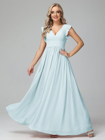 Bonnie V Neck Empire Chiffon Bridesmaid Dresses With Ruffle Sleeves